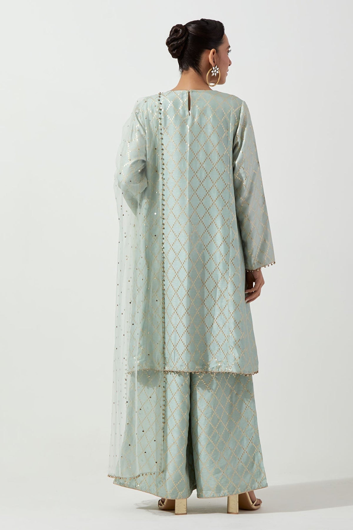 Powder Blue Short Kali Kurta With Palazzo And Mukaish Net Dupatta