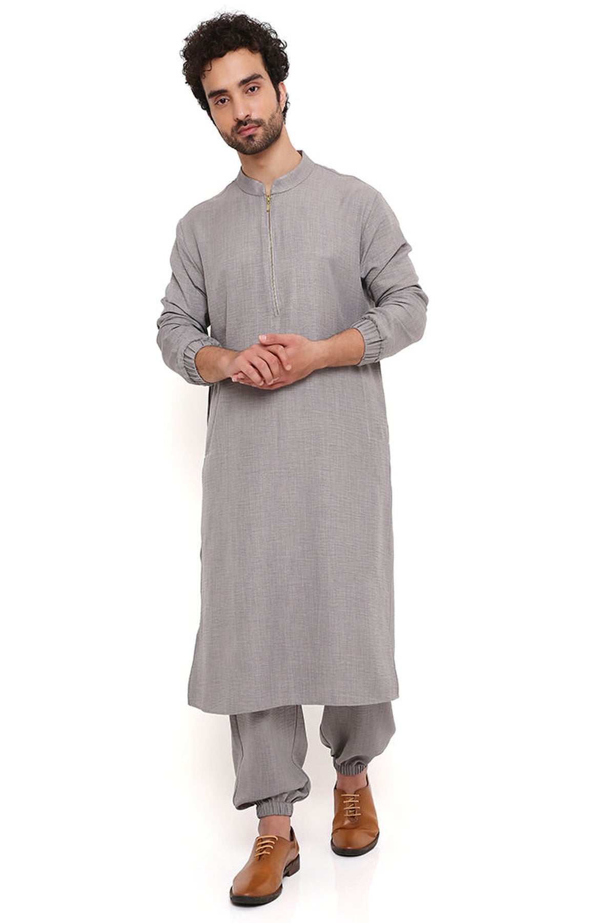 GREY SOFT LINEN BOMBER KURTA WITH JOGGER PANT