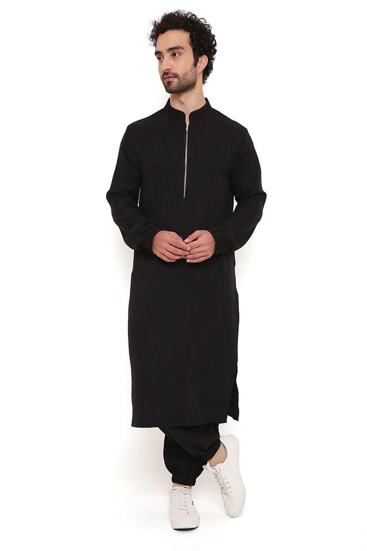BLACK SOFT LINEN BOMBER KURTA WITH JOGGER PANT
