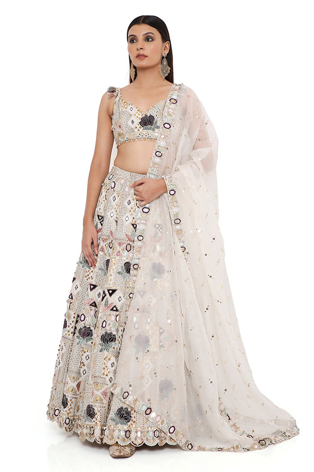 PADMA OFF WHITE GEORGETTE EMBROIDERED CHOLI AND LEHENGA WITH MUKAISH ORGANZA DUPATTA