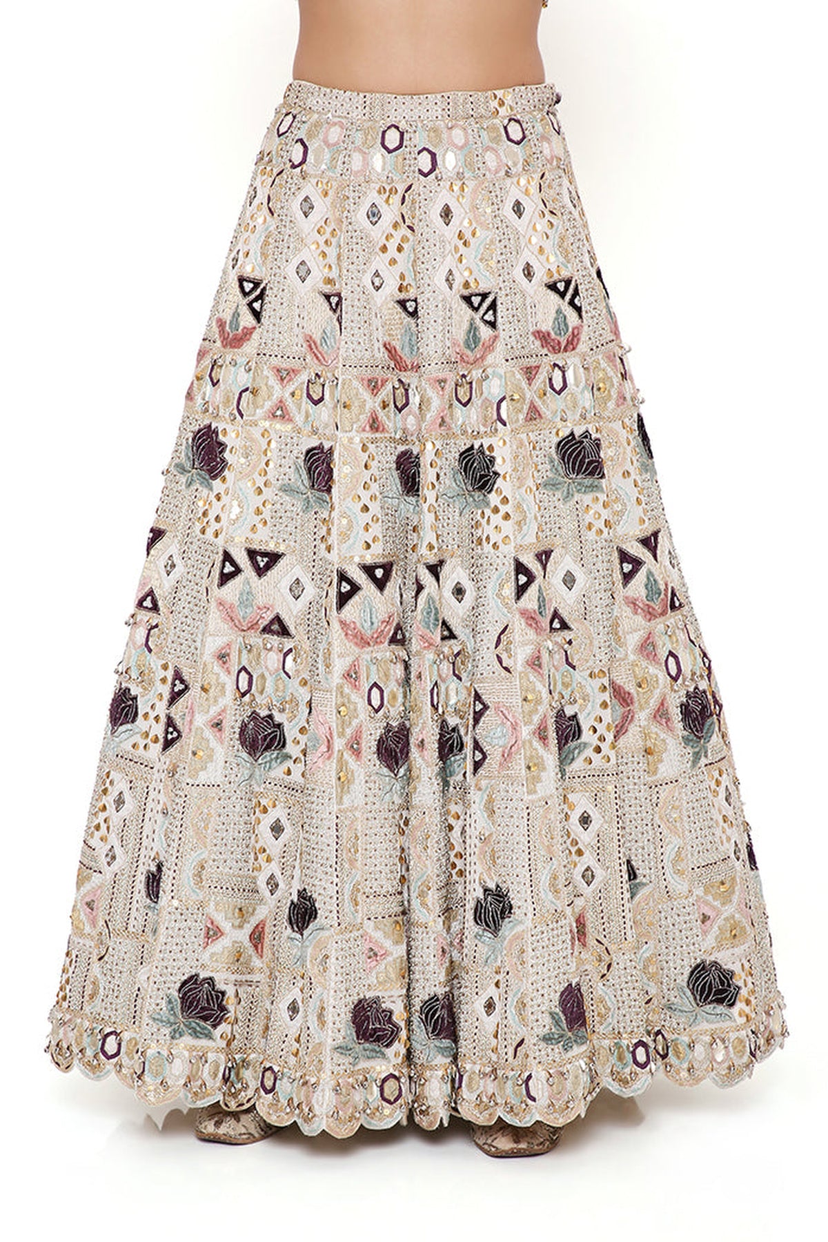 PADMA OFF WHITE GEORGETTE EMBROIDERED CHOLI AND LEHENGA WITH MUKAISH ORGANZA DUPATTA
