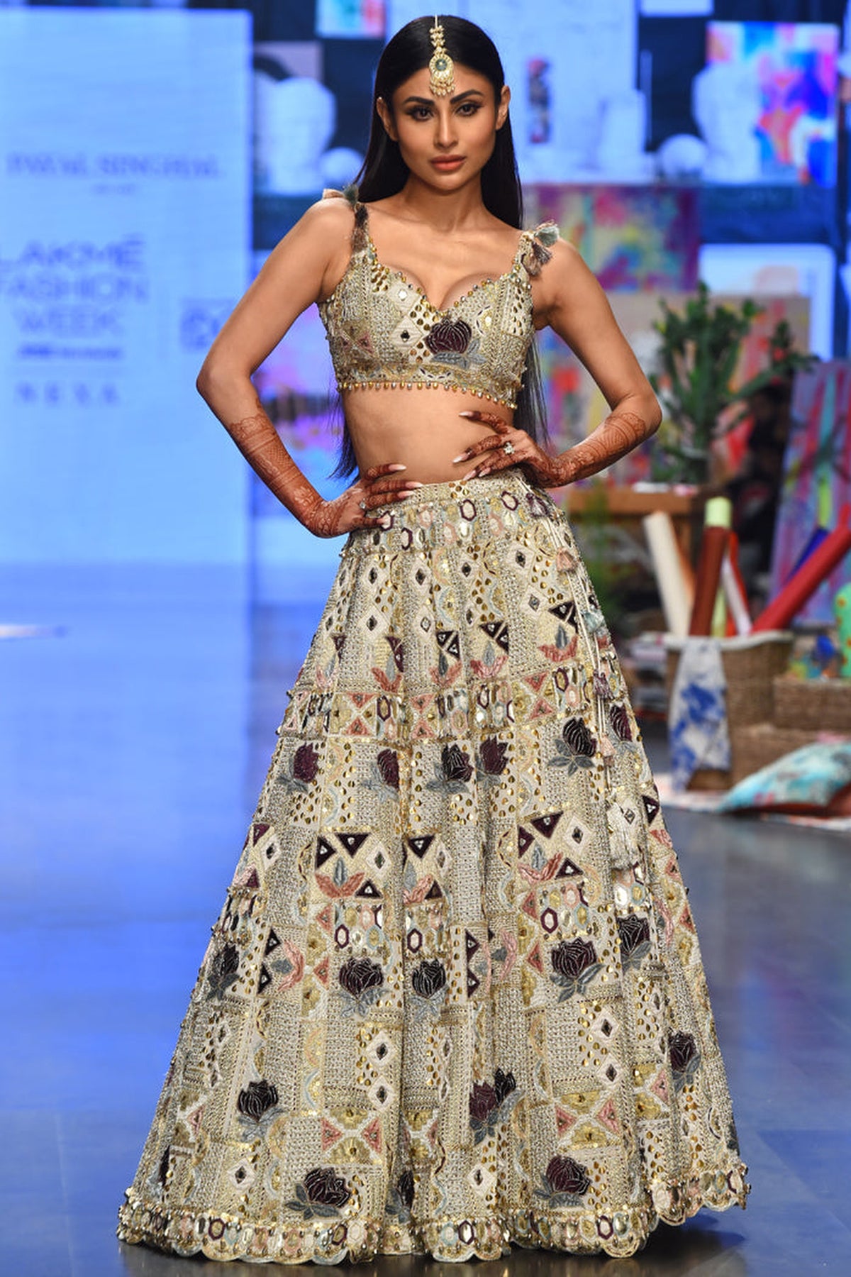 PADMA OFF WHITE GEORGETTE EMBROIDERED CHOLI AND LEHENGA WITH MUKAISH ORGANZA DUPATTA