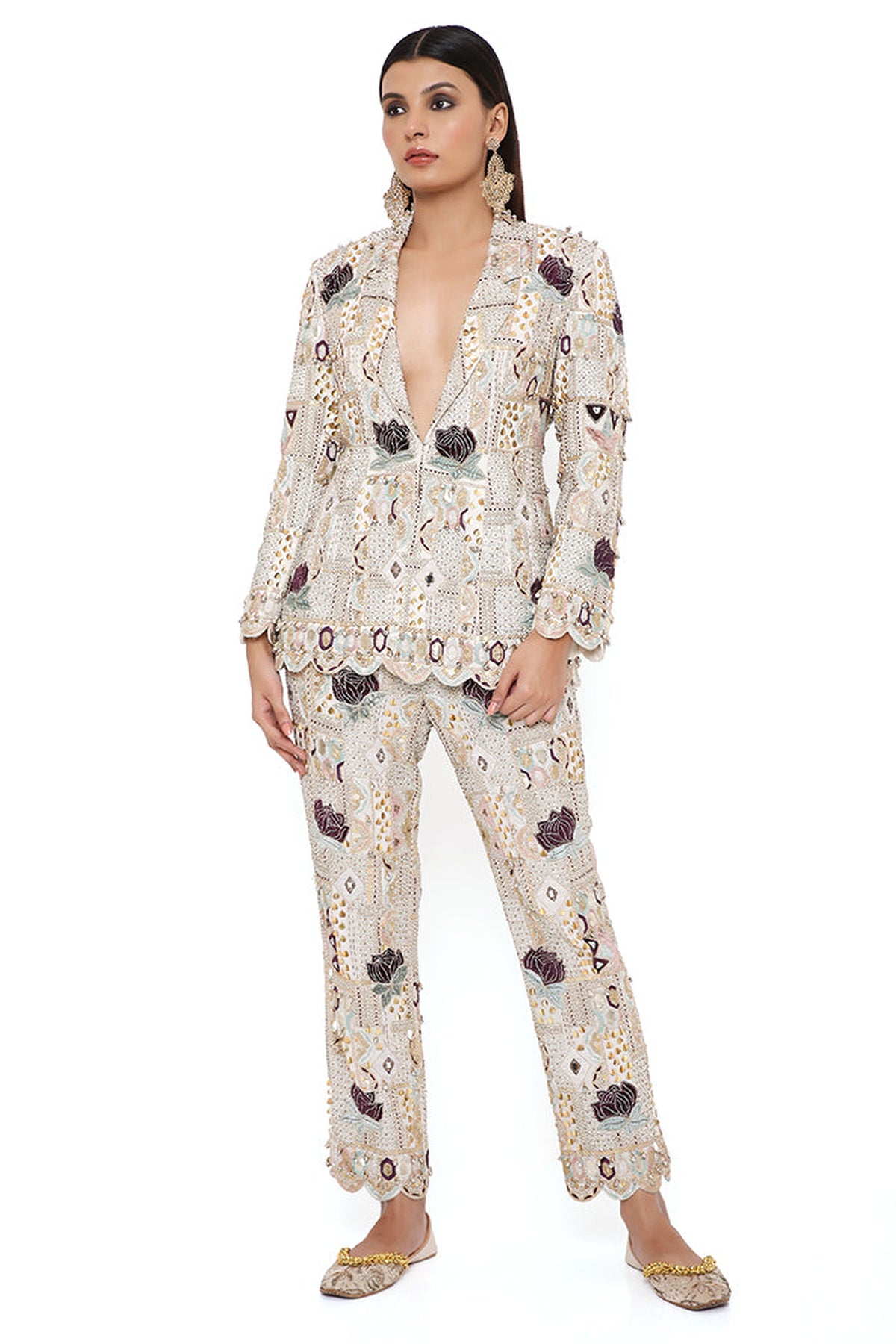 ANAKA OFF WHITE GEORGETTE LOTUS EMBROIDERED BLAZER AND PANTS