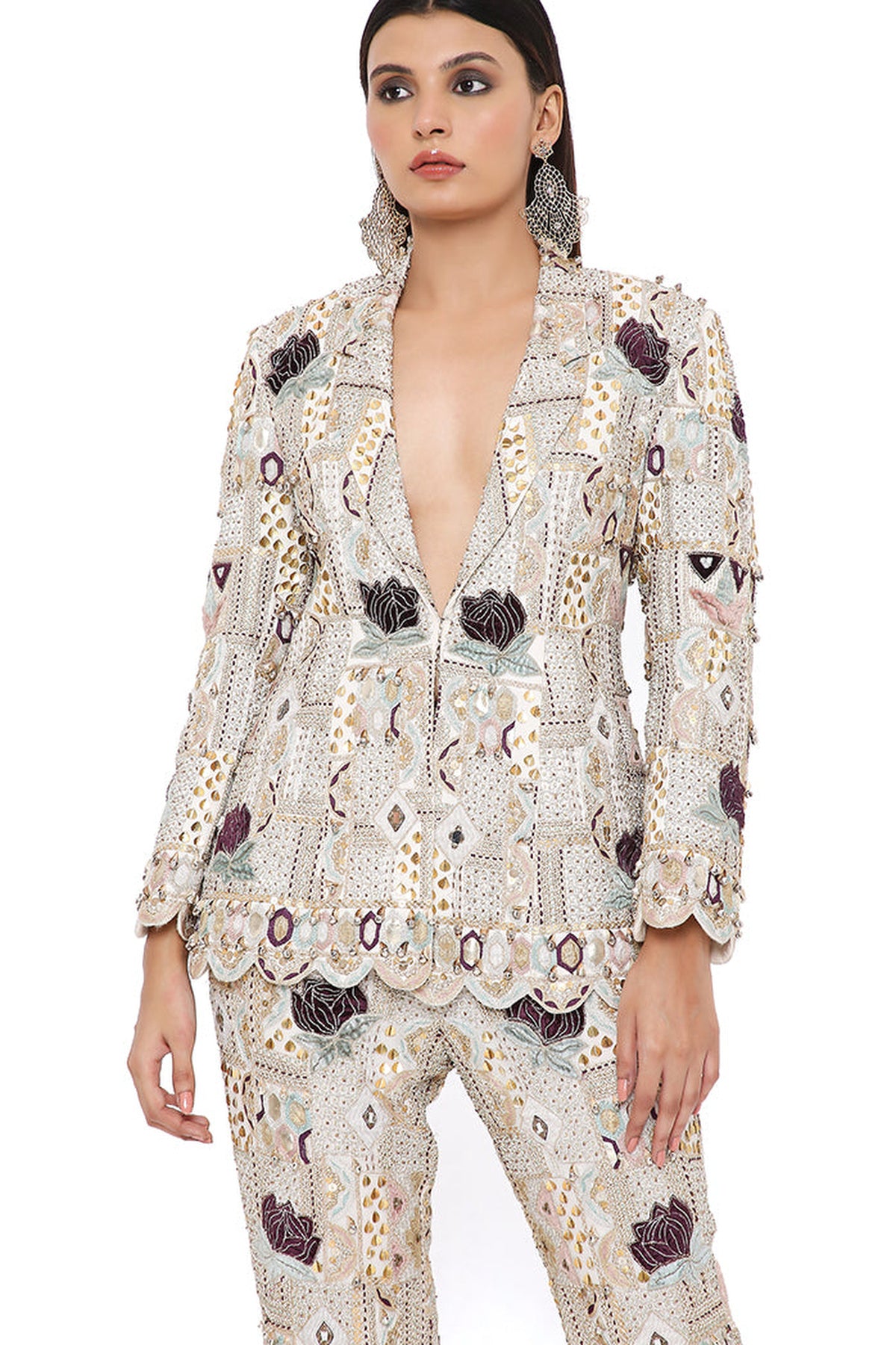 ANAKA OFF WHITE GEORGETTE LOTUS EMBROIDERED BLAZER AND PANTS
