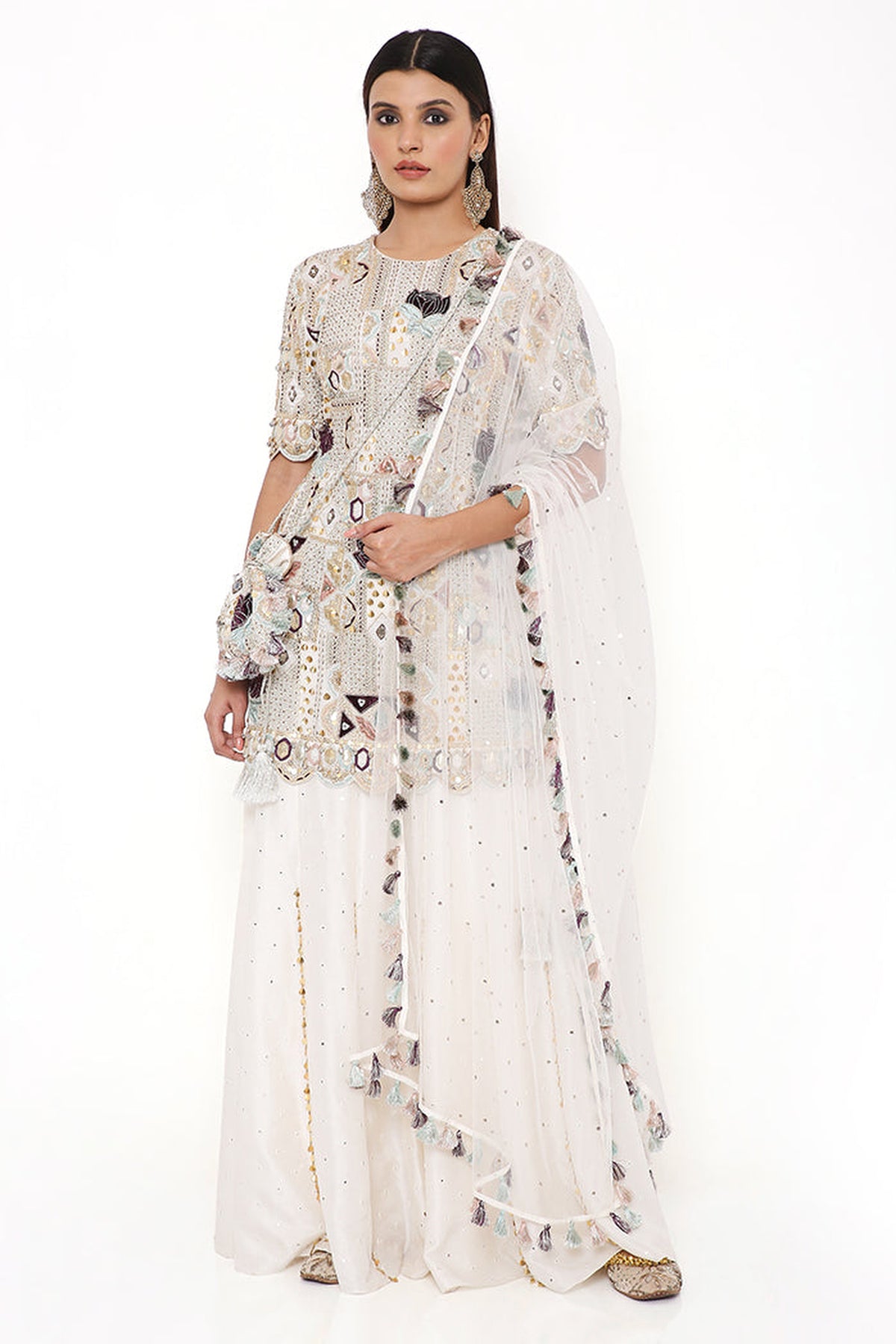NAVYA OFF WHITE GEORGETTE EMBROIDERED KURTA AND ABLA SILK SHARARA WITH NET MUKAISH DUPATTA