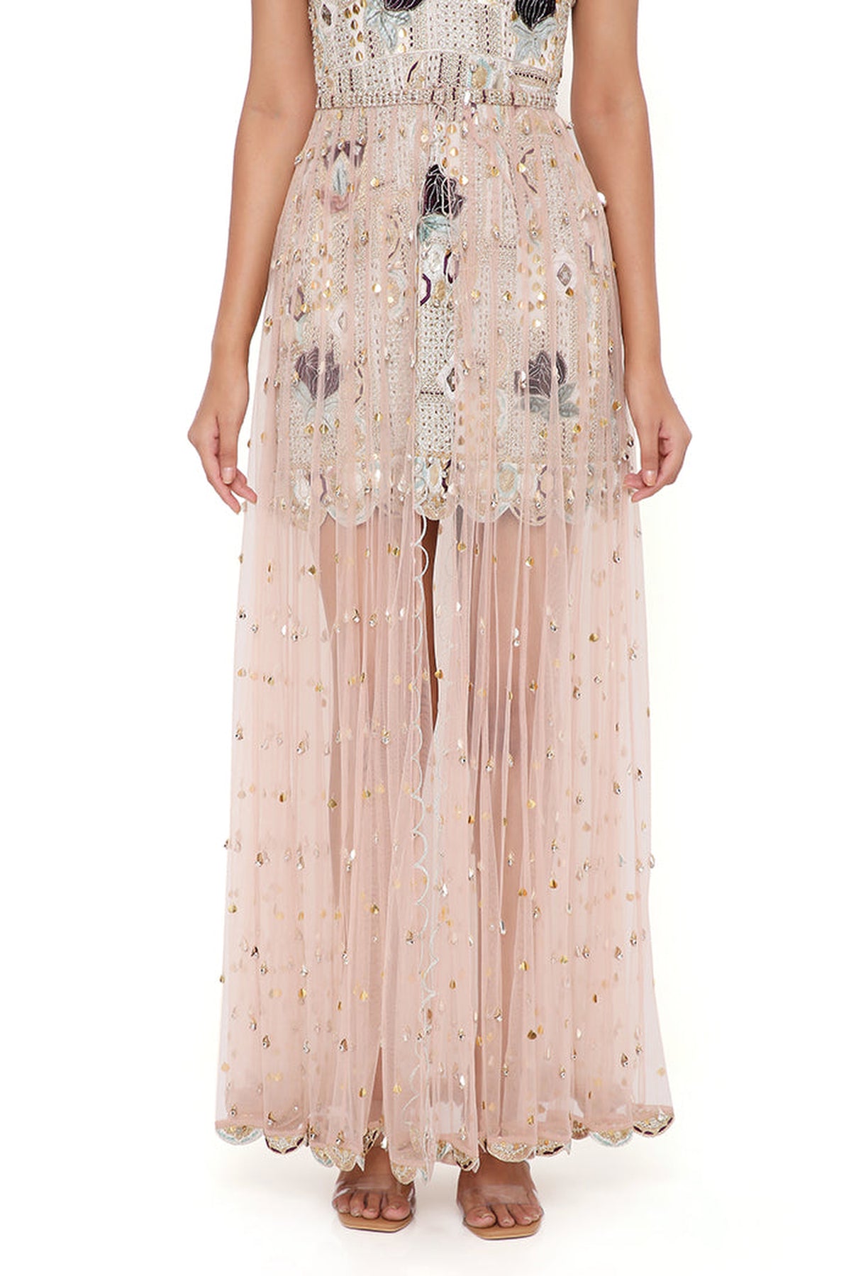MIRAI OFF WHITE GEORGETTE EMBROIDERED DRESS WITH ROSE PINK TULLE NET SKIRT