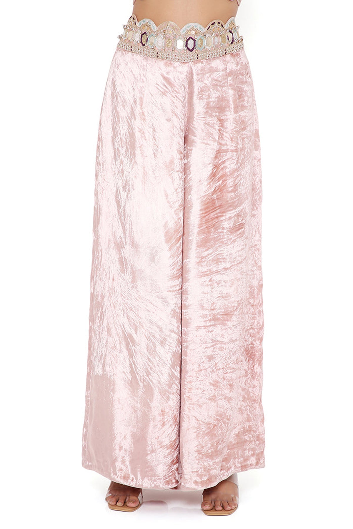 JIYA ROSE PINK GEORGETTE EMBROIDERED SCALLOP JACKET WITH FRONT EMBROIDERED BUSTIER AND PALAZZO