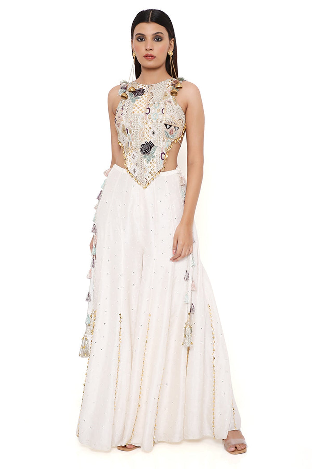 IRA OFF WHITE GEORGETTE EMBROIDERED CHOLI WITH ABLA SILK SHARARA