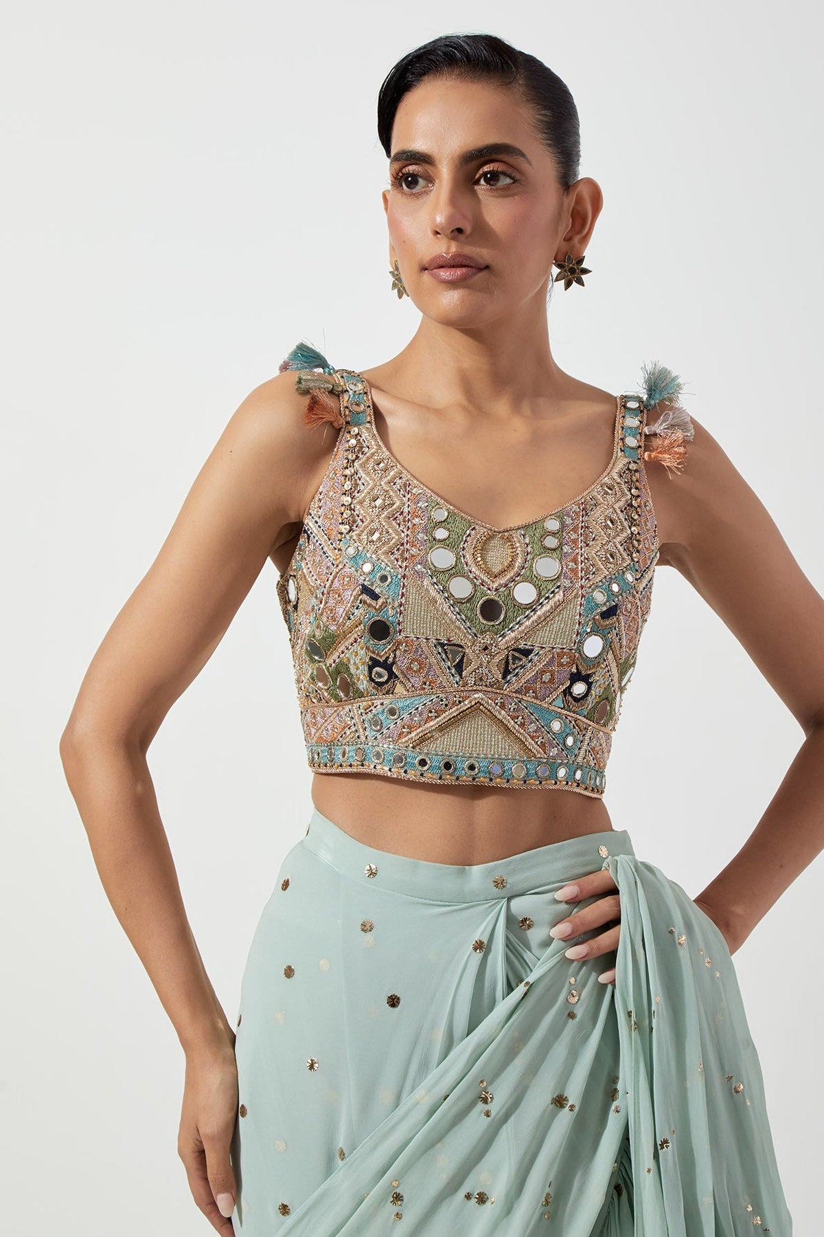Seafoam Embroidered Choli And Pre-Stitched Frill Saree