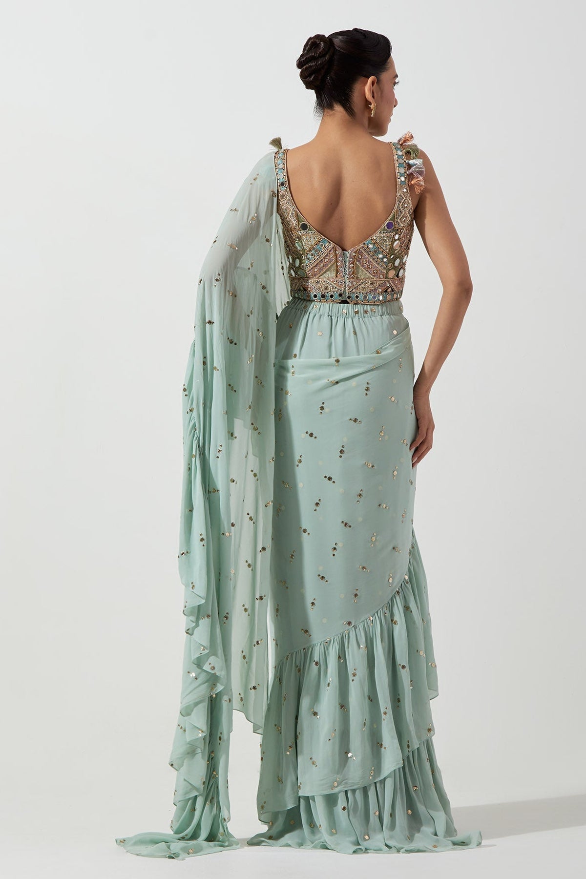 Seafoam Embroidered Choli And Pre-Stitched Frill Saree