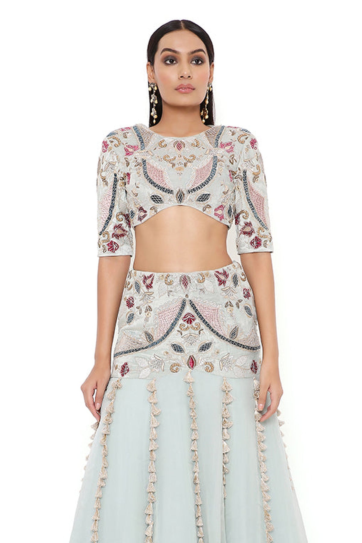 KRESHA POWDER BLUE EMBROIDERED CHOLI AND VELVET EMBROIDERED BASQUE ORGANZA LEHENGA WITH NET DUPATTA