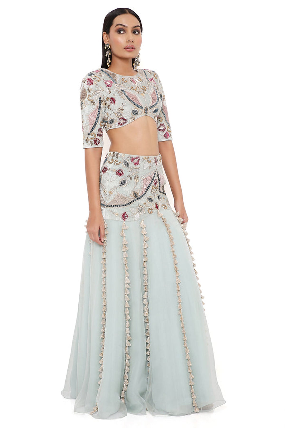 KRESHA POWDER BLUE EMBROIDERED CHOLI AND VELVET EMBROIDERED BASQUE ORGANZA LEHENGA WITH NET DUPATTA