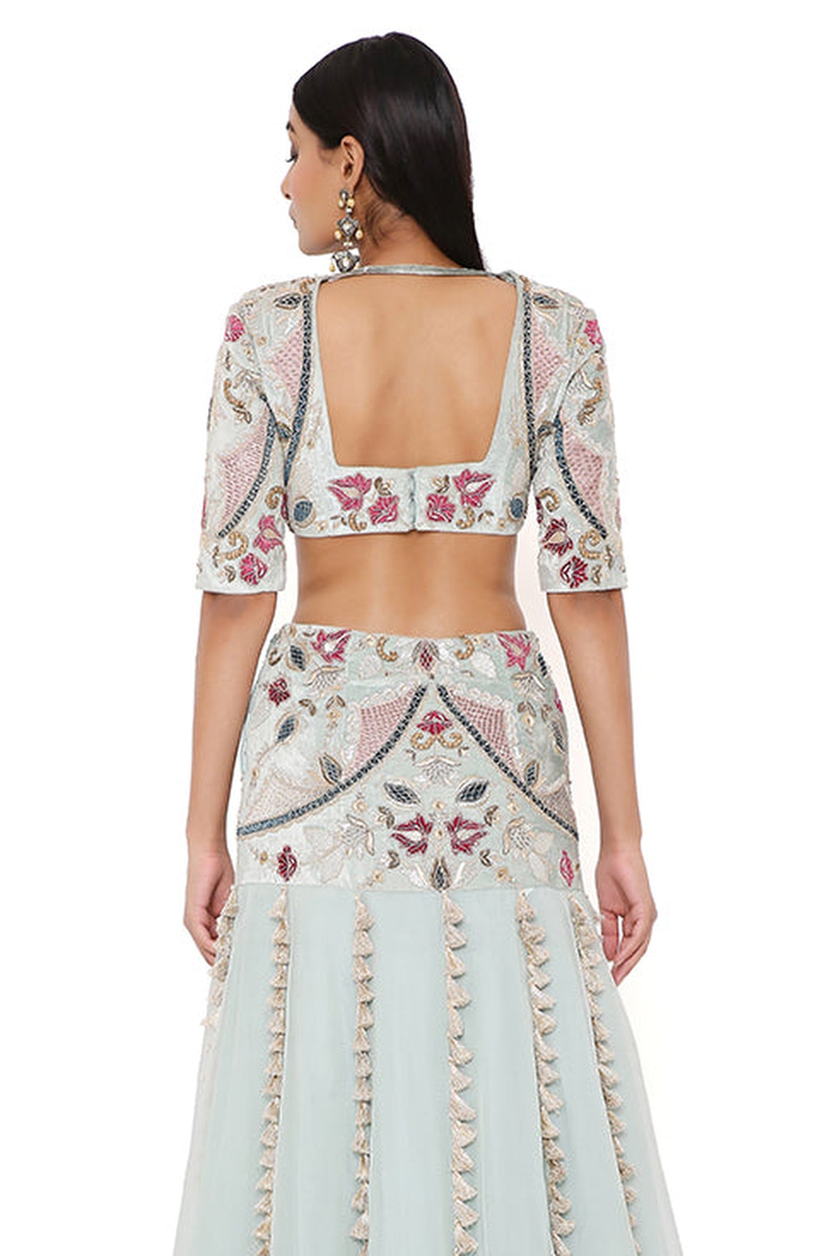 KRESHA POWDER BLUE EMBROIDERED CHOLI AND VELVET EMBROIDERED BASQUE ORGANZA LEHENGA WITH NET DUPATTA