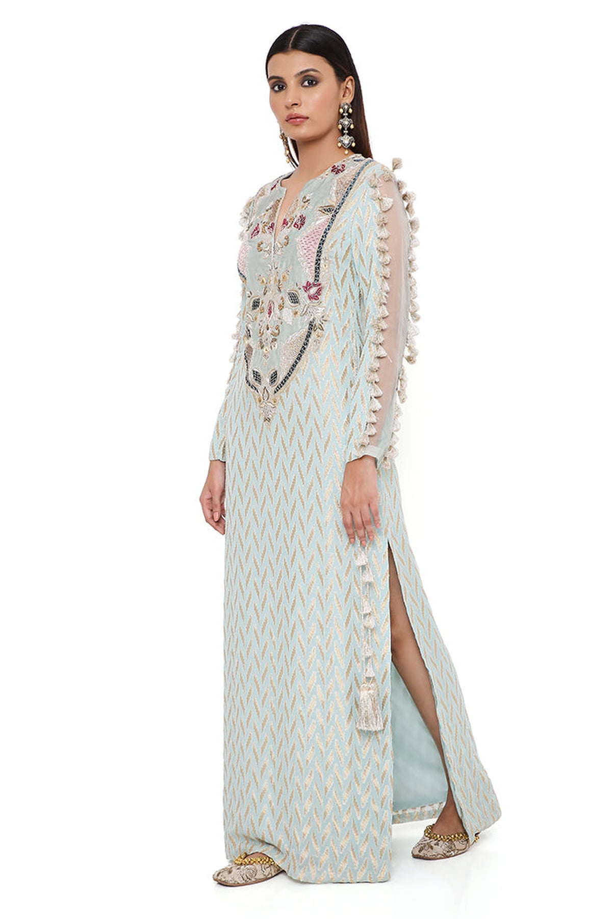MIRAYA POWDER BLUE DASH IKAT BANARASI GEORGETTE KAFTAN WITH ORGANZA DETAILED SLEEVES