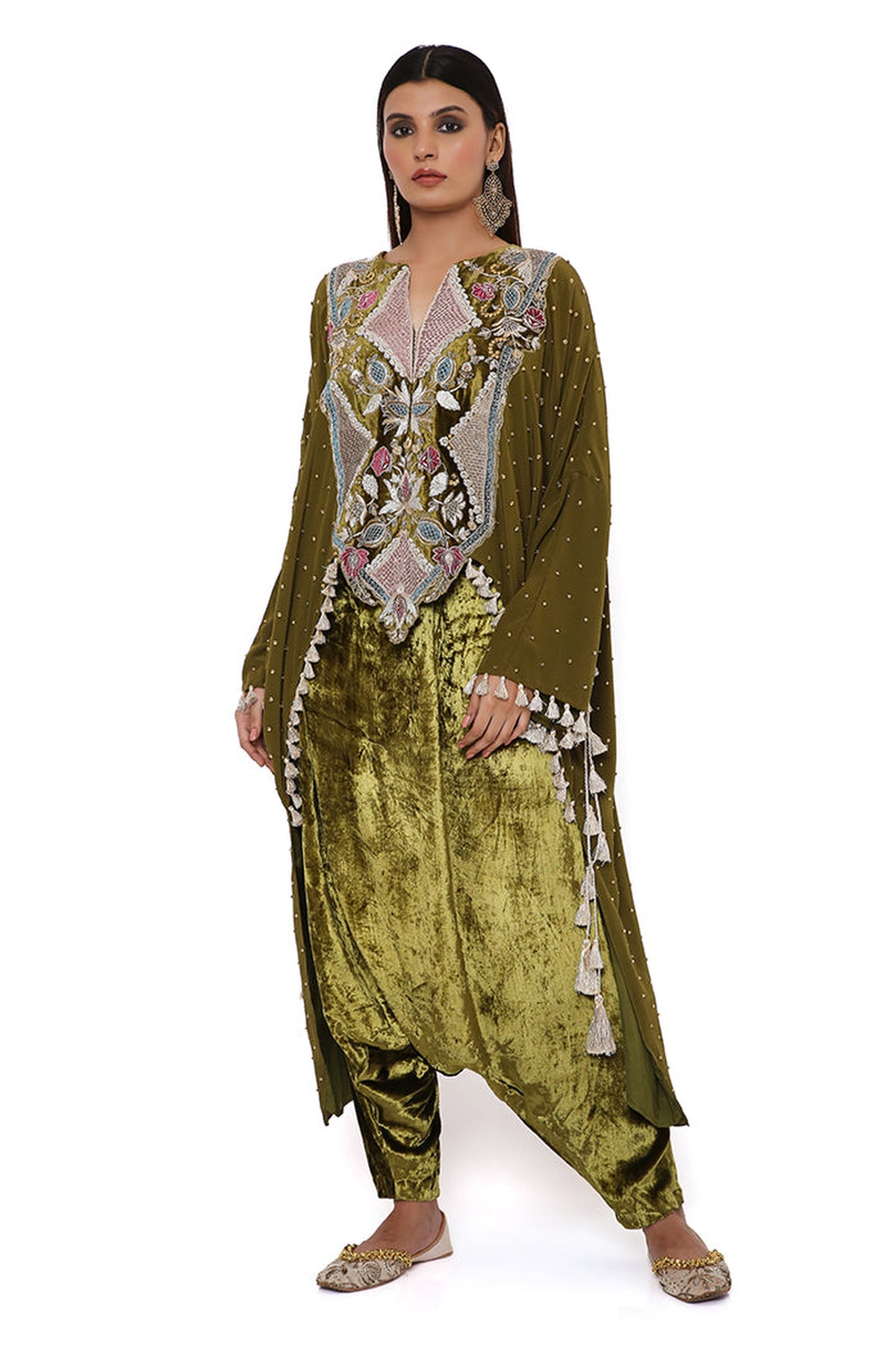SHIRIN OLIVE CREPE EMBROIDERED HIGH LOW KAFTAN AND VELVET LOW CROTCH PANTS