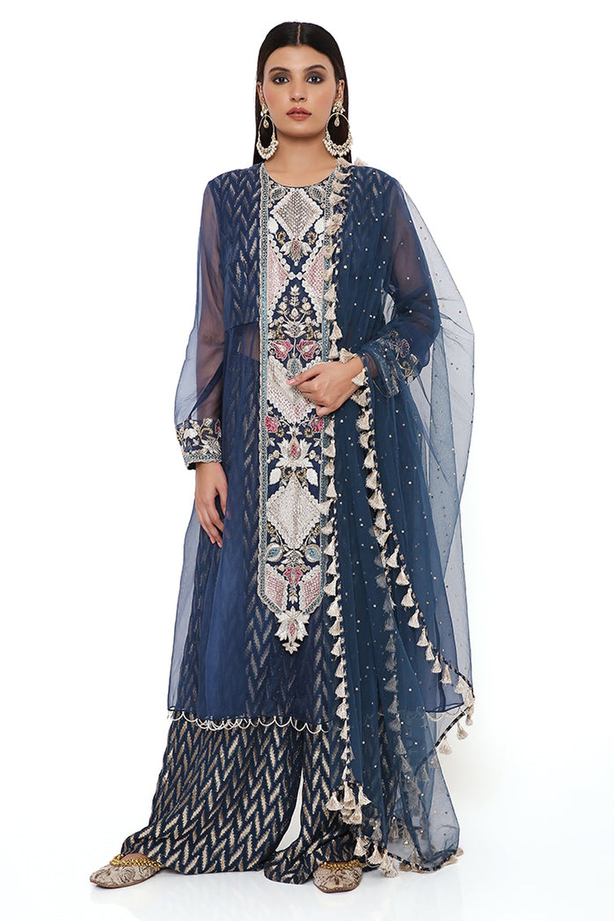 NOORA NAVY ORGANZA EMBROIDERED YOKE ANARKALI WITH BANARASI GEORGETTE PALAZZO AND DUPATTA