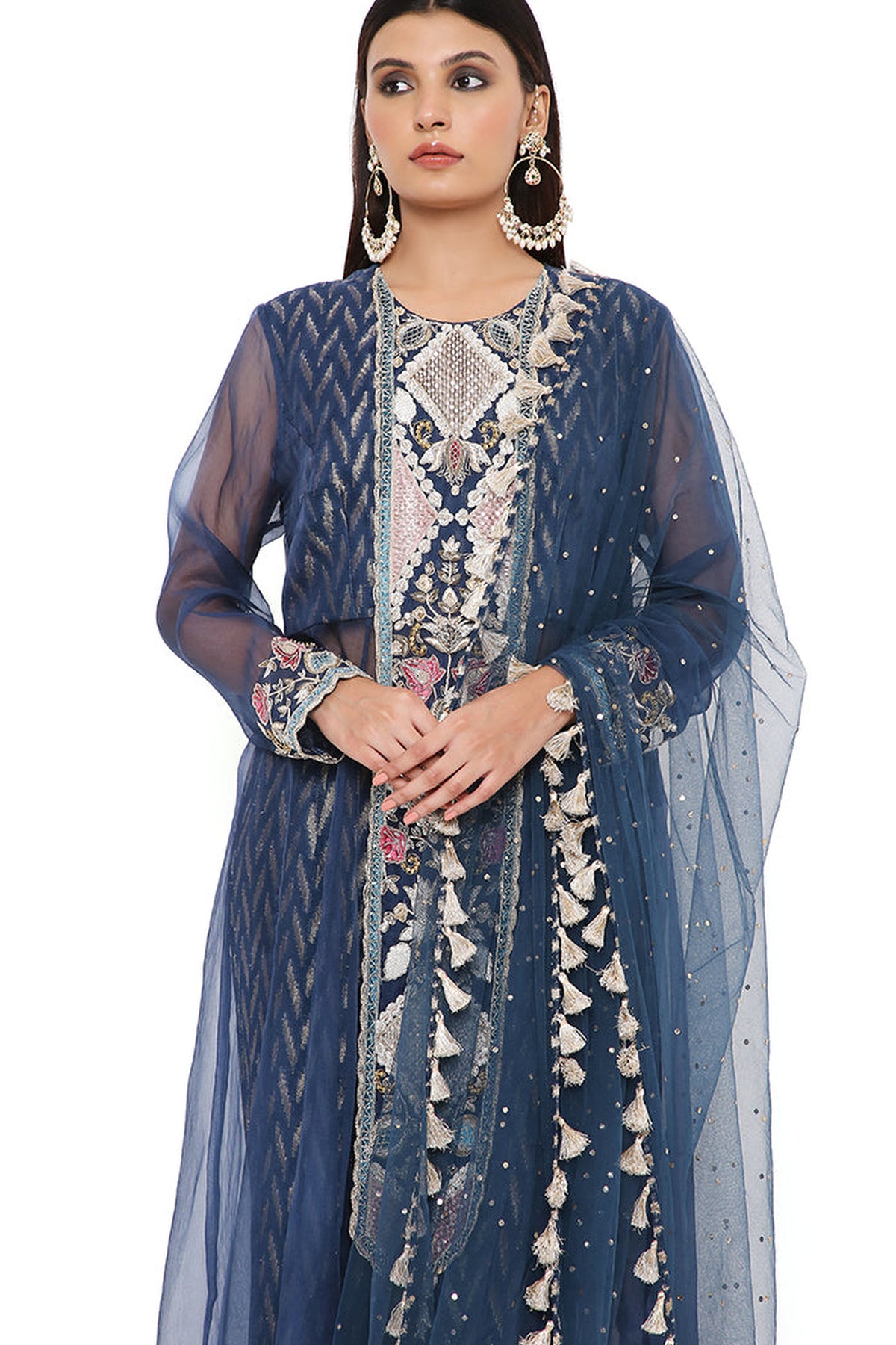 NOORA NAVY ORGANZA EMBROIDERED YOKE ANARKALI WITH BANARASI GEORGETTE PALAZZO AND DUPATTA