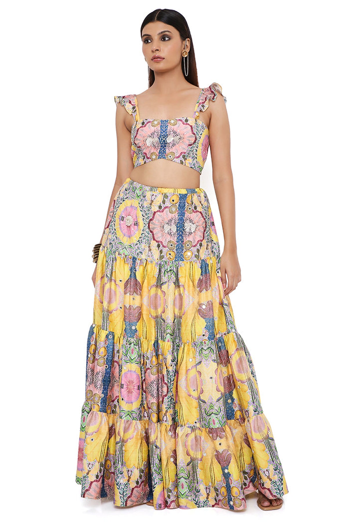 ALICE YELLOW ENCHANTED PRINT DUPION SILK EMBROIDERED BUSTIER AND SKIRT
