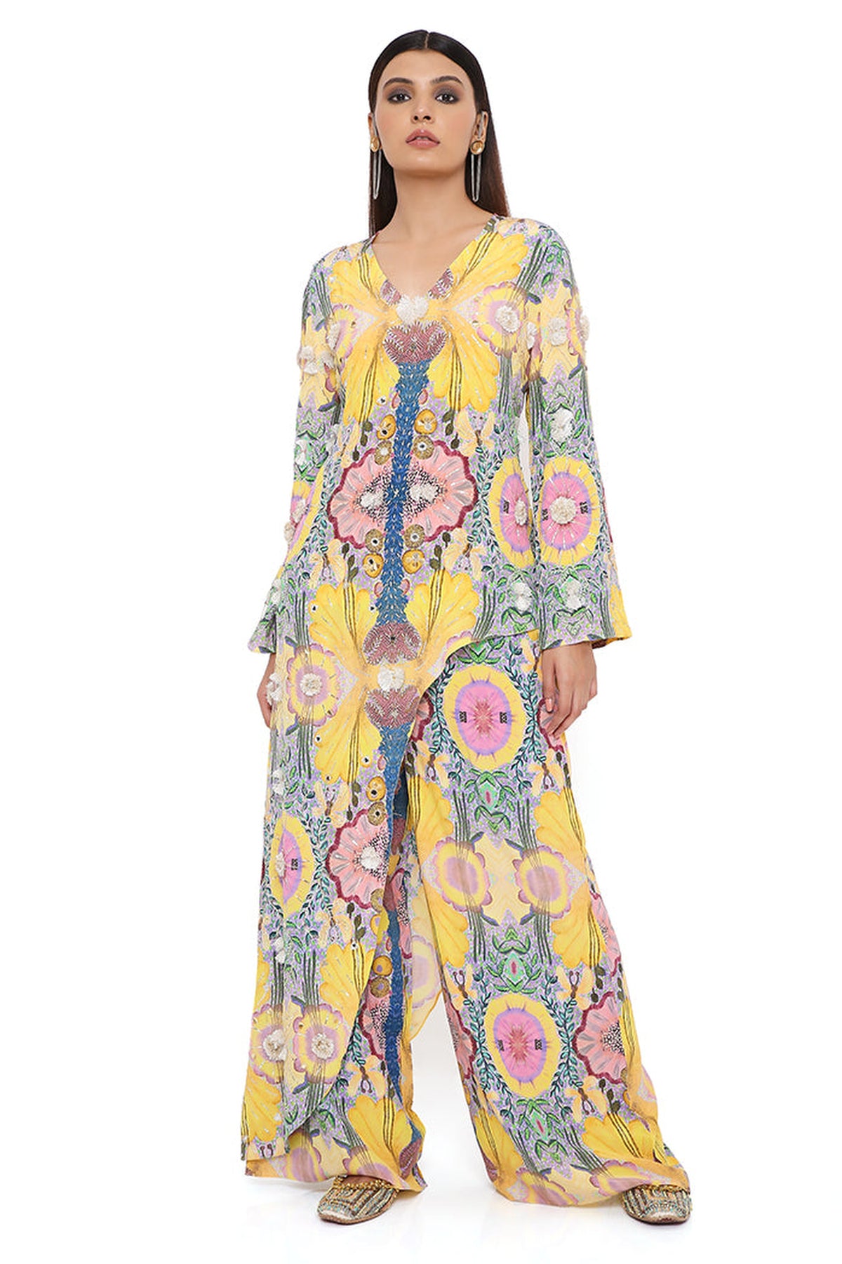 HELEN YELLOW ENCHANTED PRINT CREPE EMBROIDERED KURTA WITH CROPPED PALAZZO
