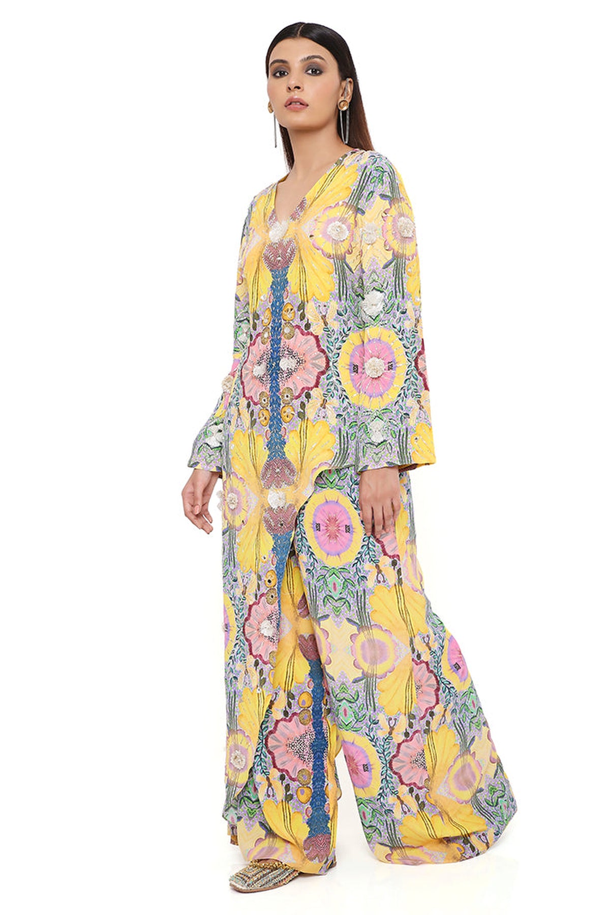 HELEN YELLOW ENCHANTED PRINT CREPE EMBROIDERED KURTA WITH CROPPED PALAZZO