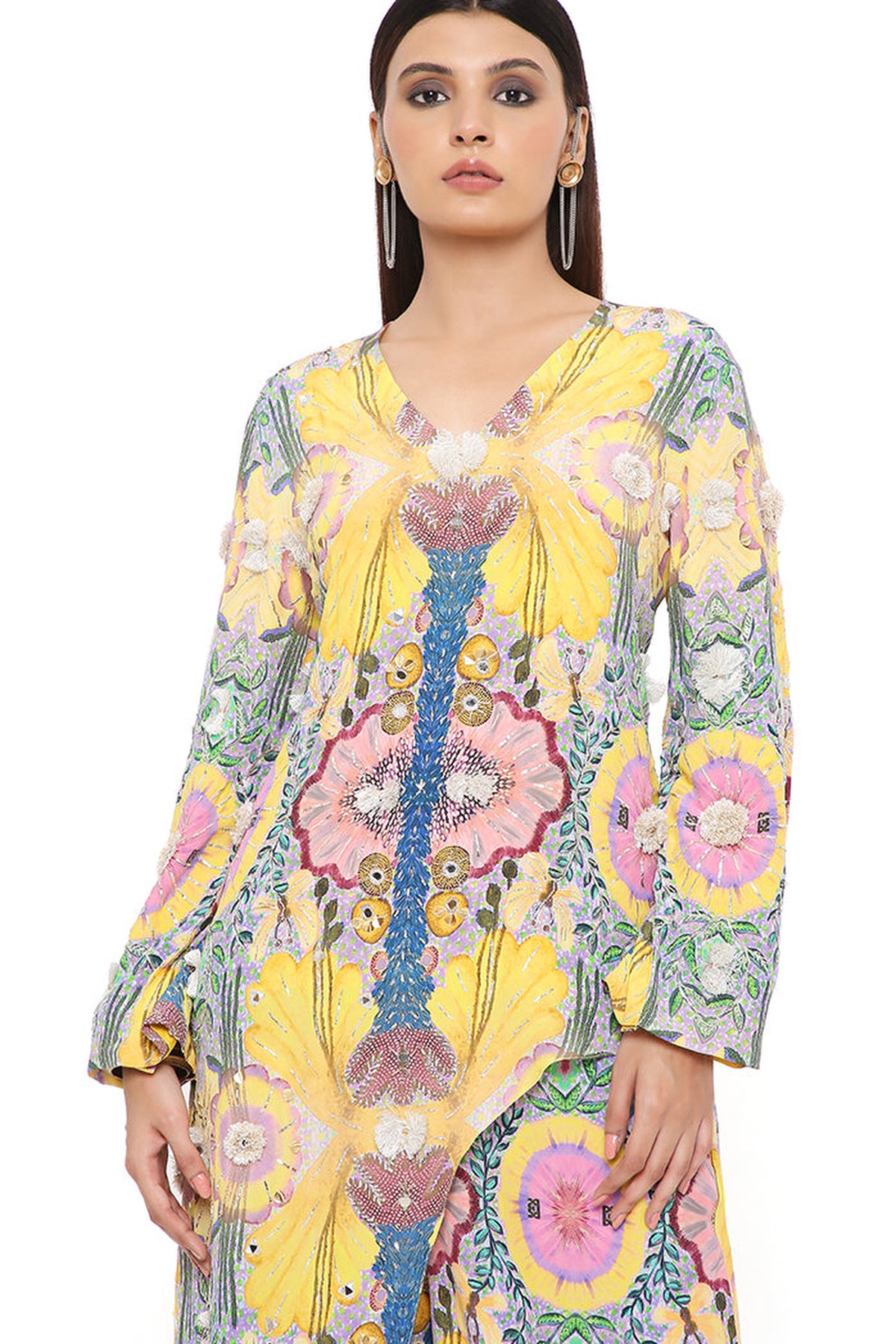 HELEN YELLOW ENCHANTED PRINT CREPE EMBROIDERED KURTA WITH CROPPED PALAZZO