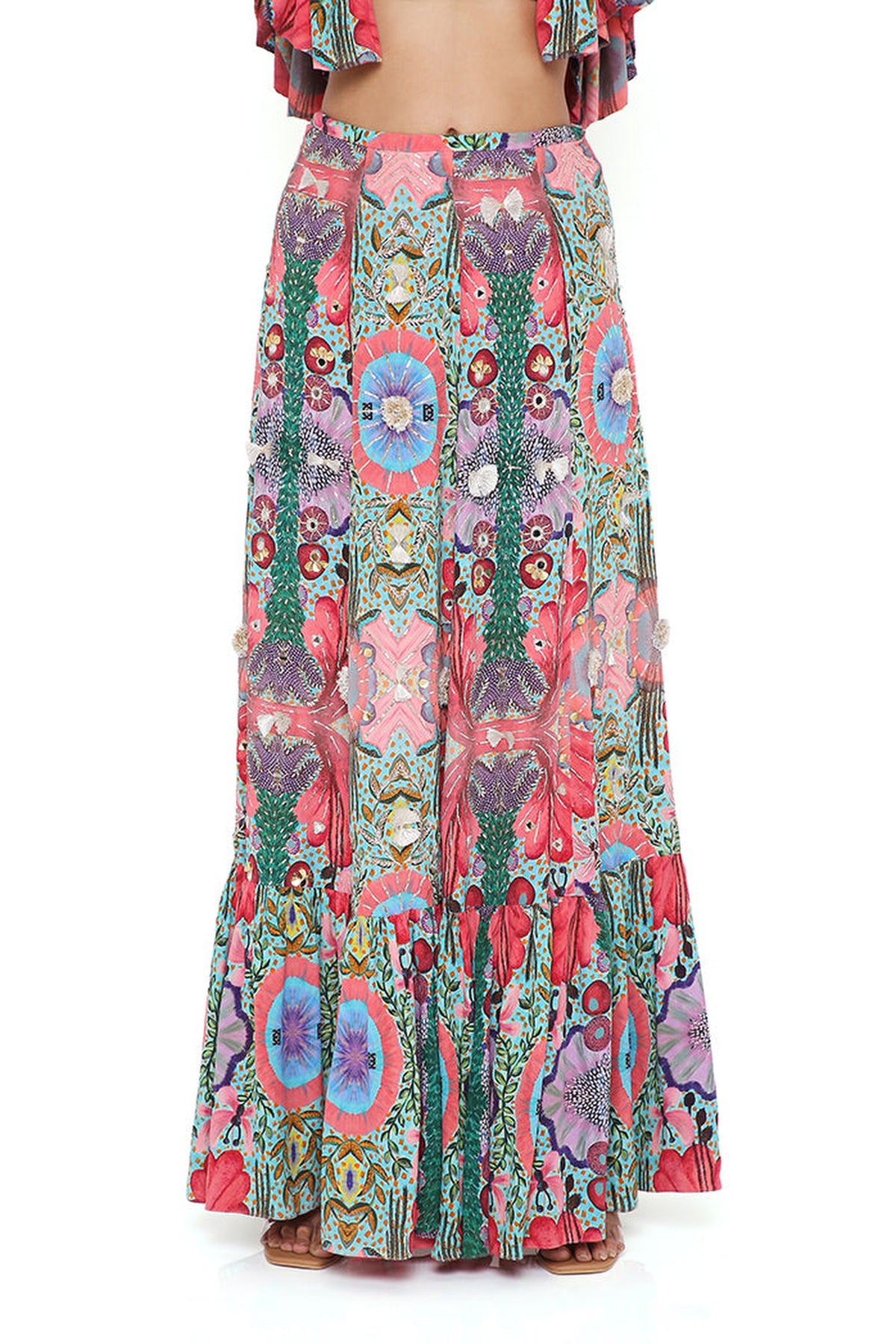NOELLE RED ENCHANTED PRINT CREPE EMBROIDERED TOP WITH A FRILL SKIRT