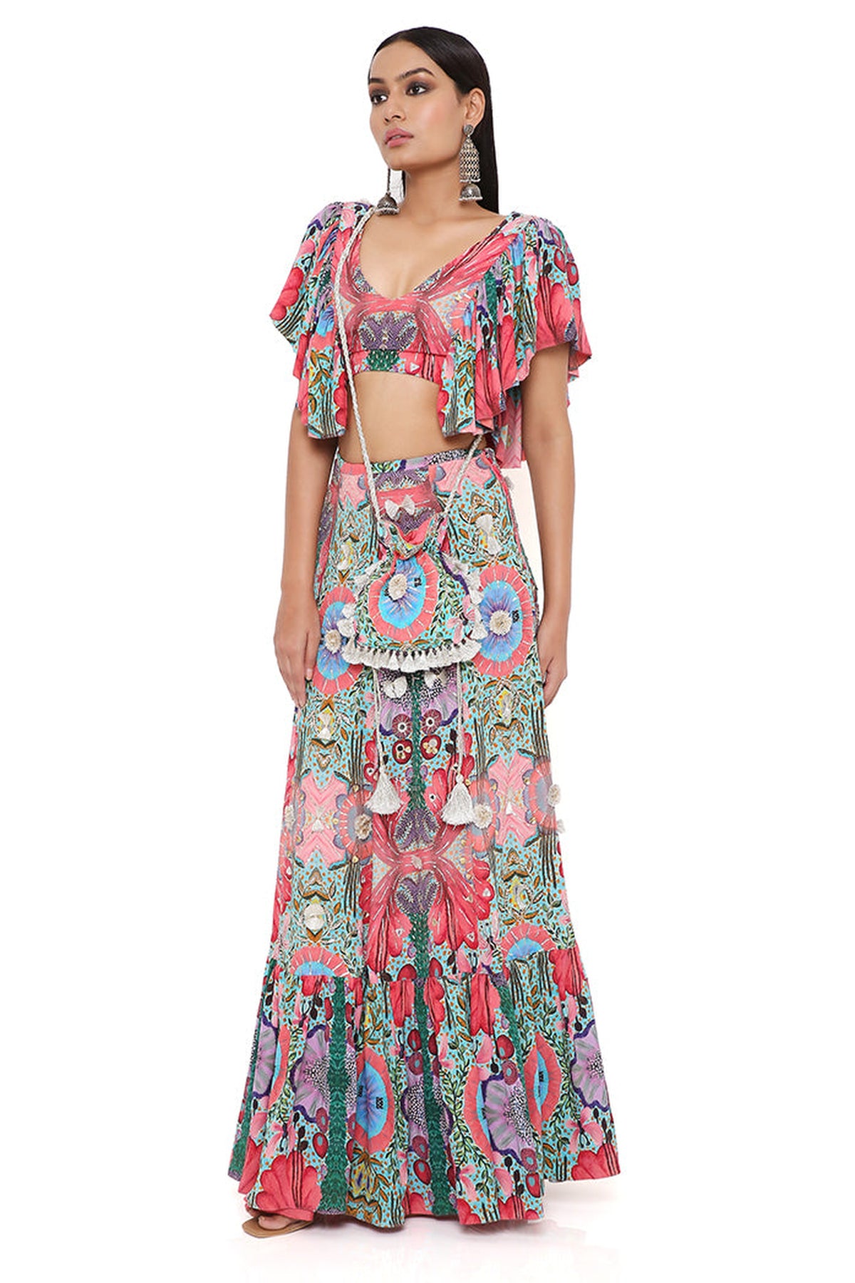 NOELLE RED ENCHANTED PRINT CREPE EMBROIDERED TOP WITH A FRILL SKIRT