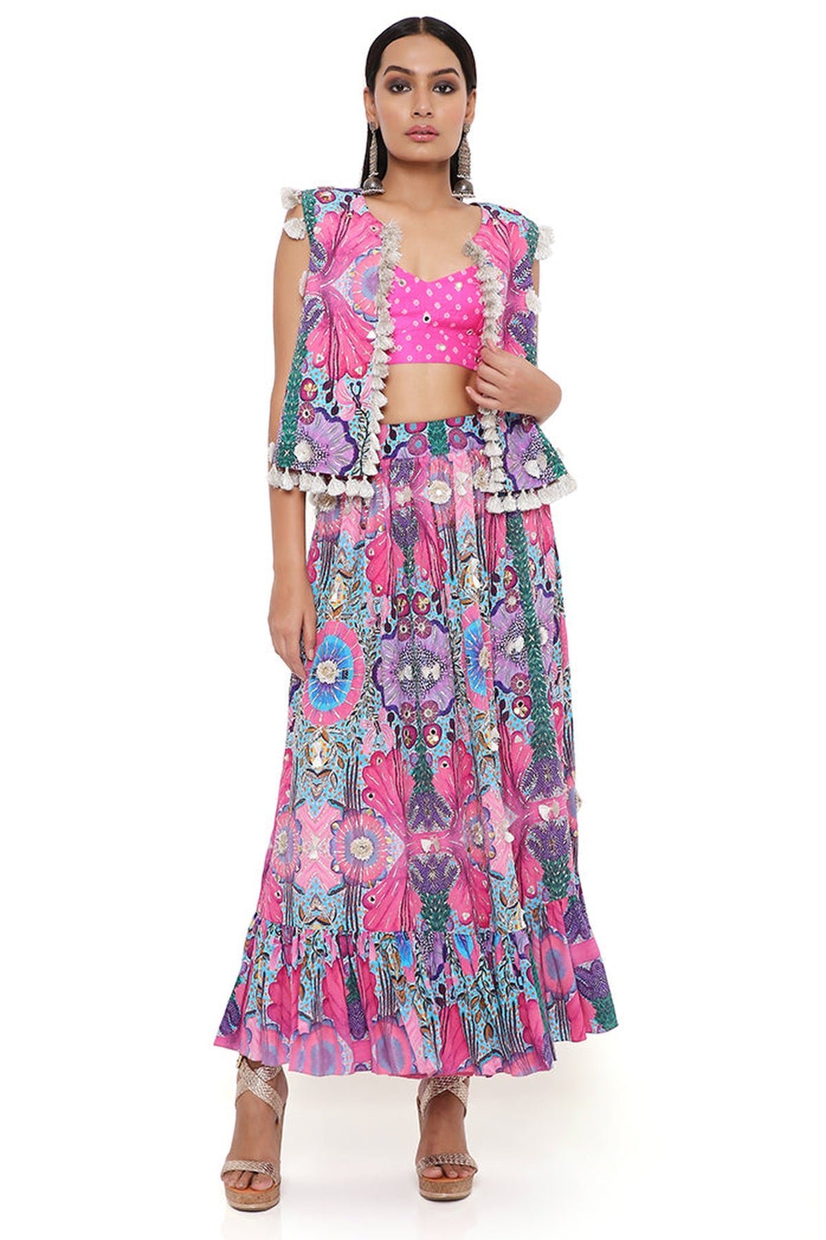 AMALIE PINK BANDHANI SILK EMBROIDERED BUSTIER WITH PRINTED CREPE EMBROIDERED JACKET AND SKIRT