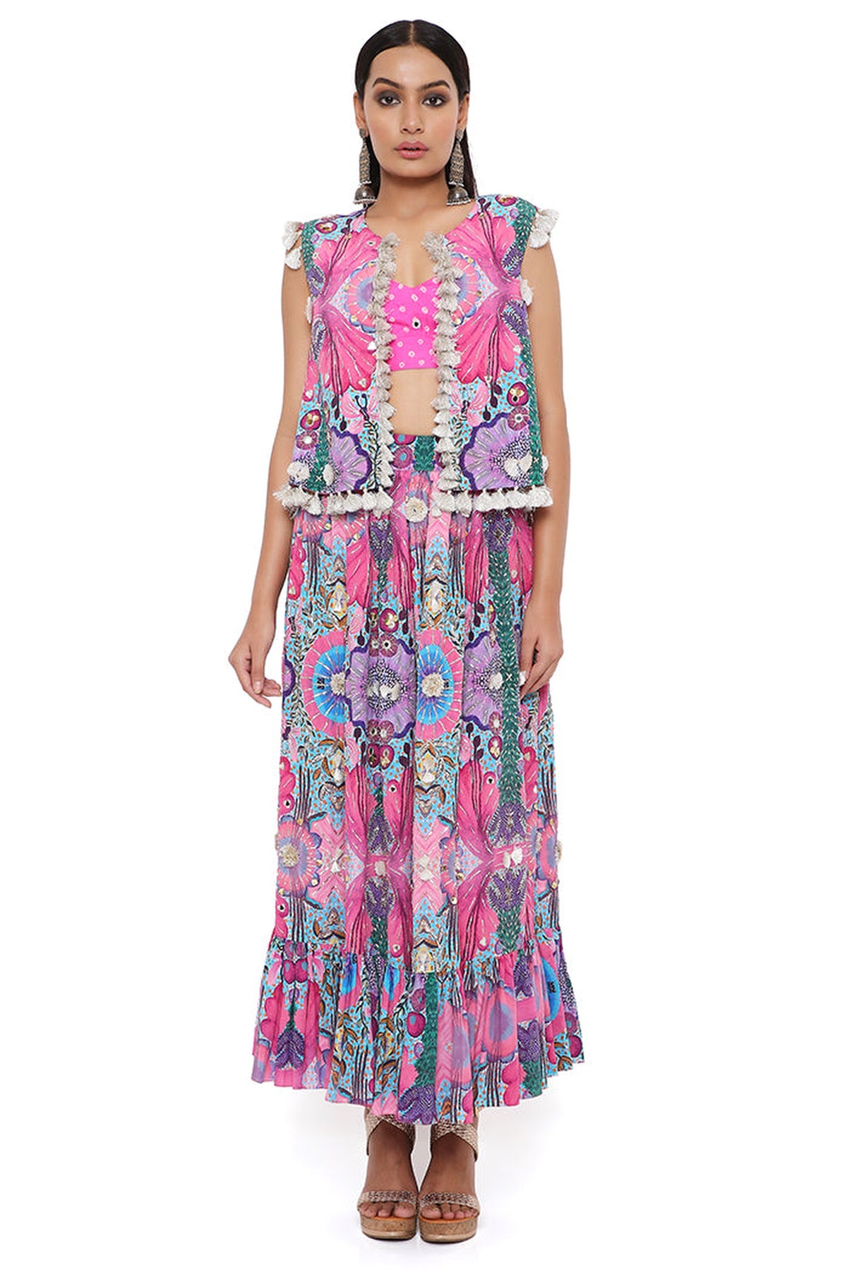 AMALIE PINK BANDHANI SILK EMBROIDERED BUSTIER WITH PRINTED CREPE EMBROIDERED JACKET AND SKIRT