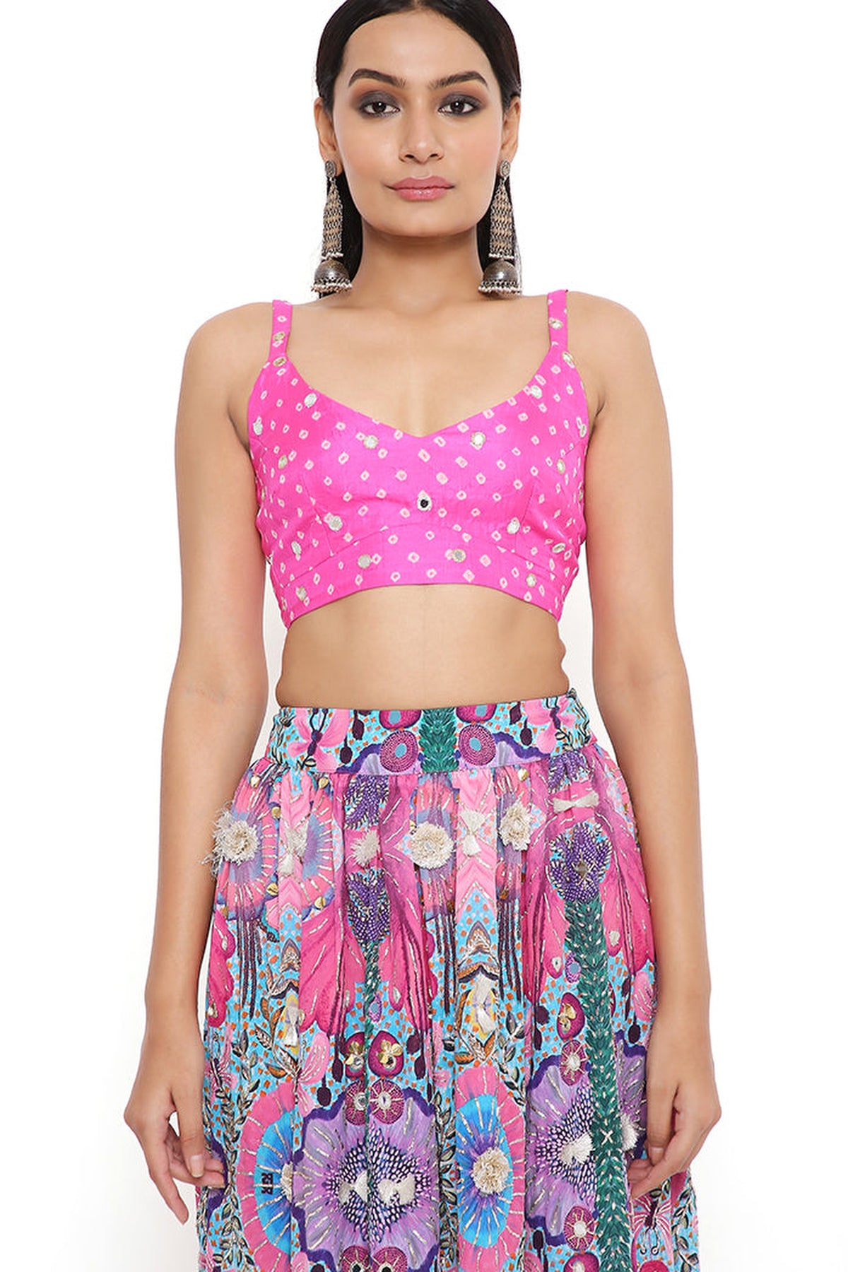 AMALIE PINK BANDHANI SILK EMBROIDERED BUSTIER WITH PRINTED CREPE EMBROIDERED JACKET AND SKIRT
