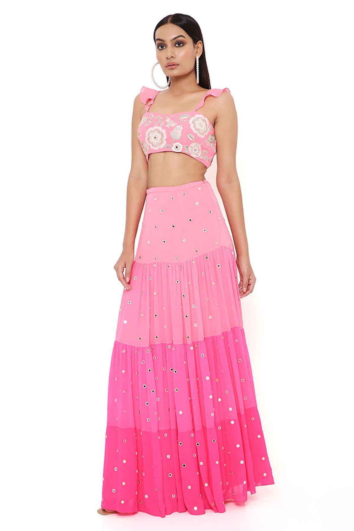FLORENCE CORAL GEORGETTE EMBROIDERED TOP WITH CORAL AND PINK OMBRE SKIRT
