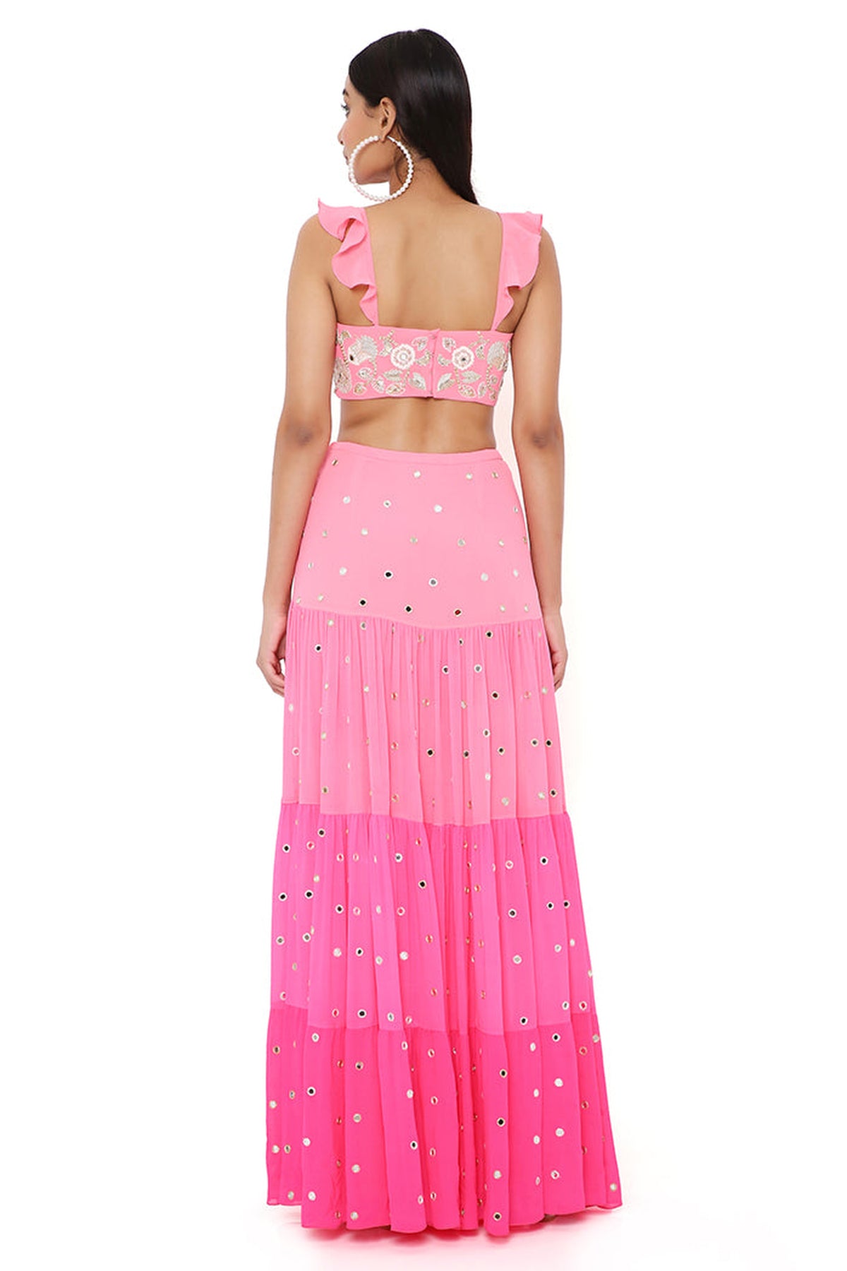 FLORENCE CORAL GEORGETTE EMBROIDERED TOP WITH CORAL AND PINK OMBRE SKIRT