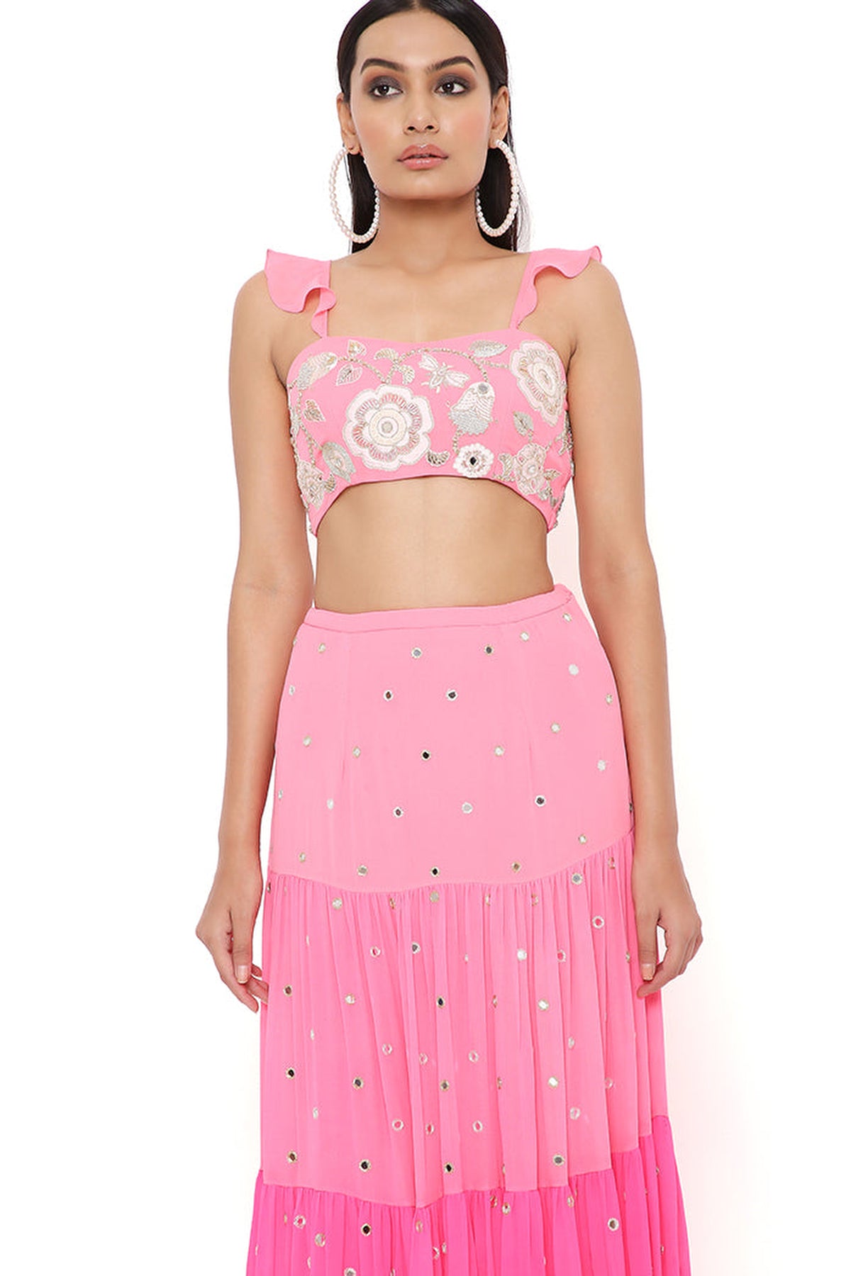 FLORENCE CORAL GEORGETTE EMBROIDERED TOP WITH CORAL AND PINK OMBRE SKIRT
