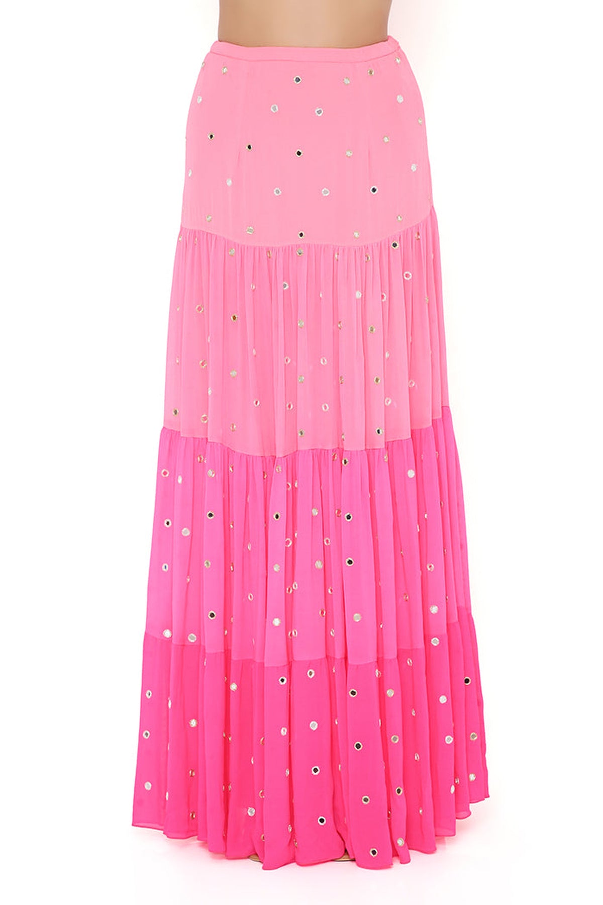 FLORENCE CORAL GEORGETTE EMBROIDERED TOP WITH CORAL AND PINK OMBRE SKIRT