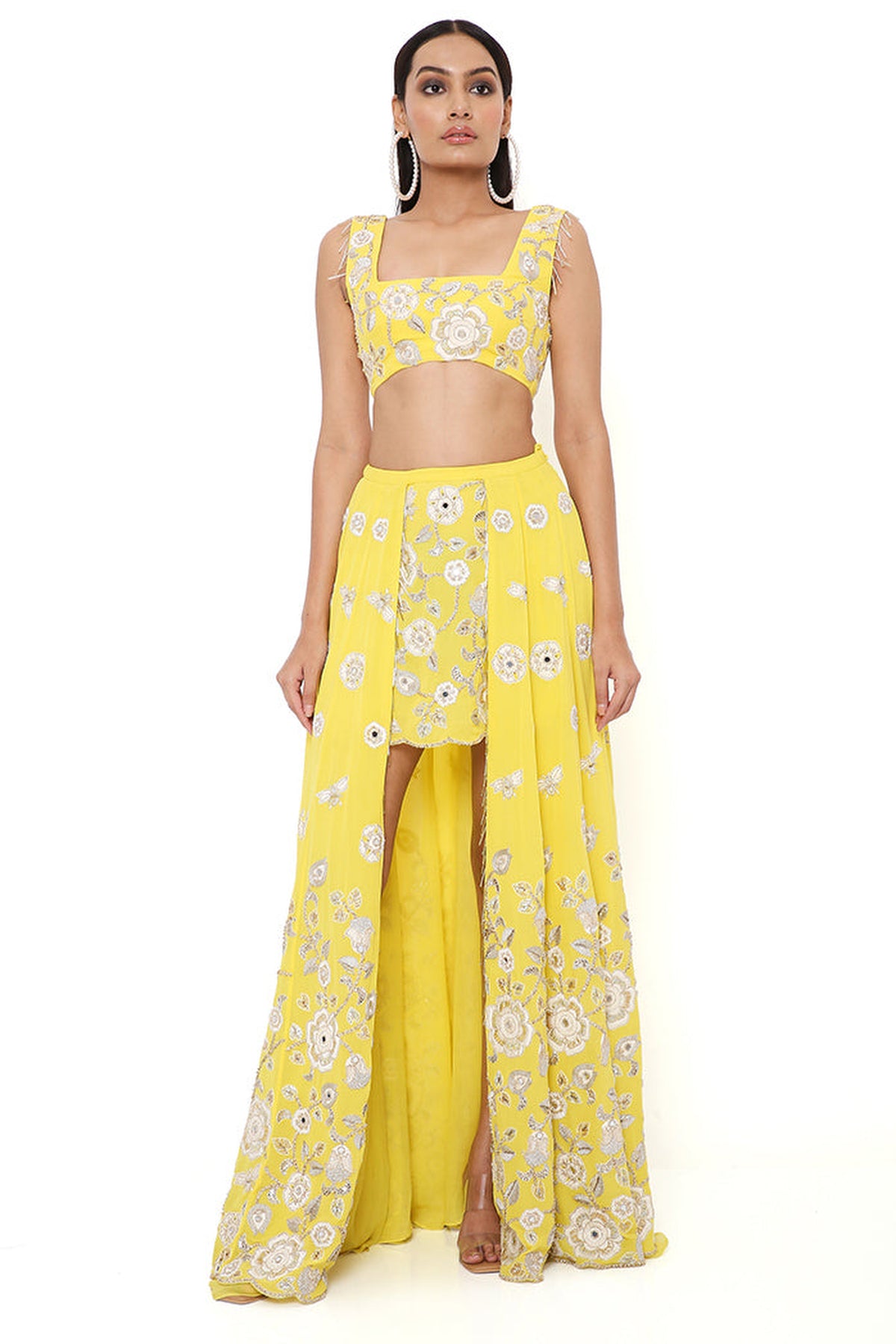 SARAH YELLOW GEORGETTE EMBROIDERED TOP AND SKIRT MUKAISH NET DUPATTA
