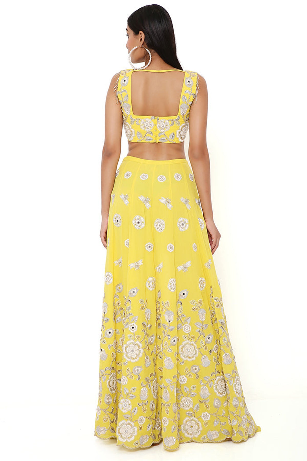 SARAH YELLOW GEORGETTE EMBROIDERED TOP AND SKIRT MUKAISH NET DUPATTA