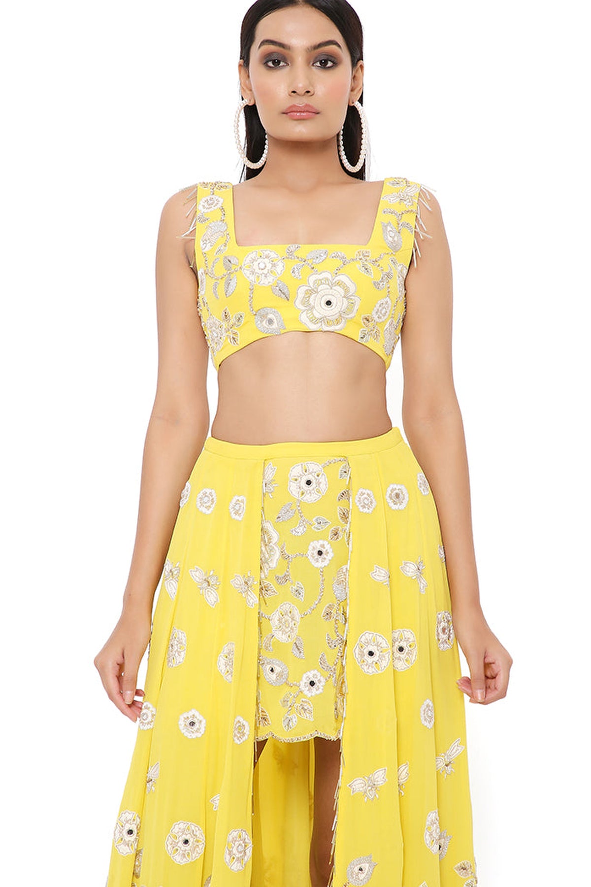 SARAH YELLOW GEORGETTE EMBROIDERED TOP AND SKIRT MUKAISH NET DUPATTA