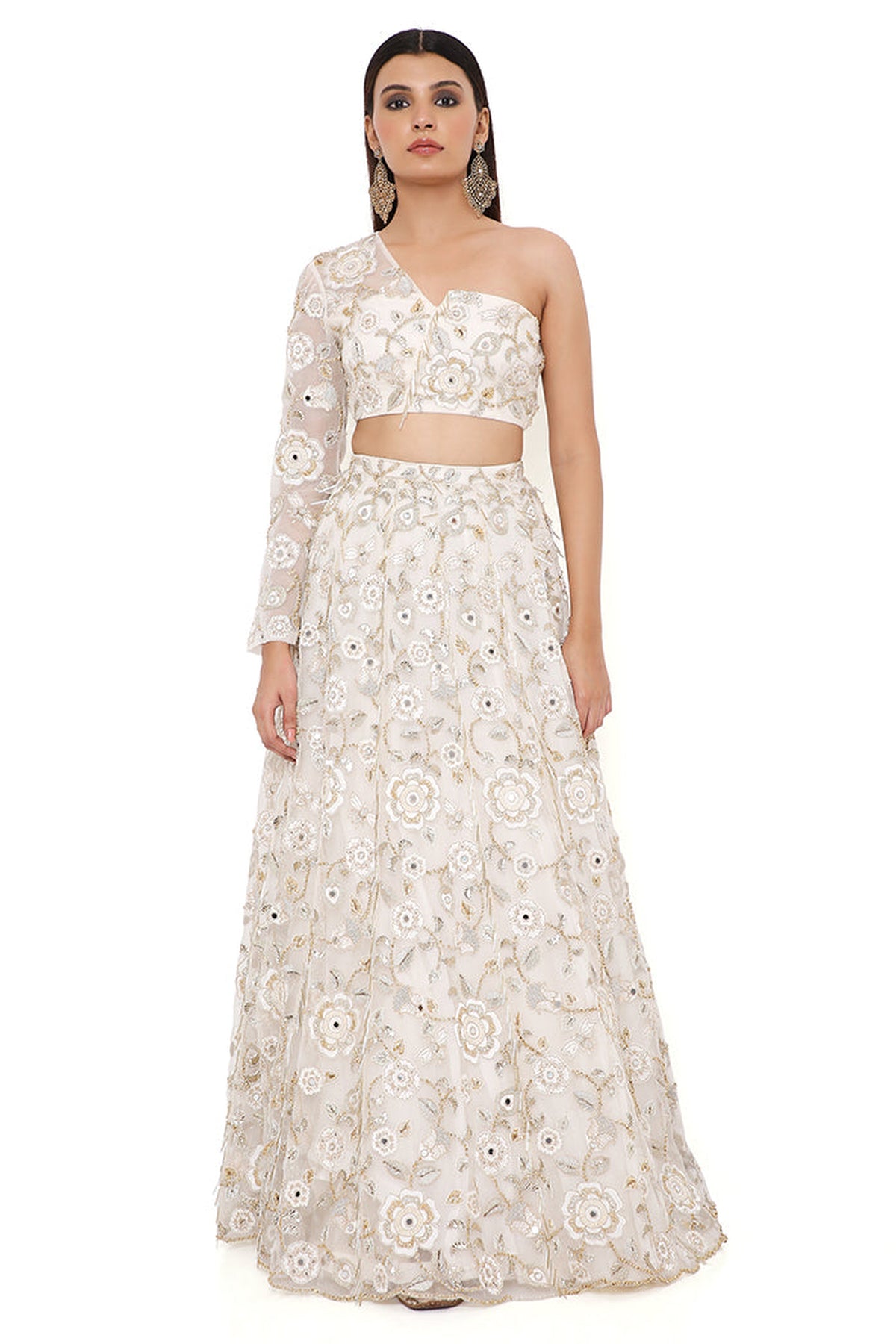 ARIKA OFF WHITE ORGANZA EMBROIDERED ONE SHOULDER TOP AND LEHENGA