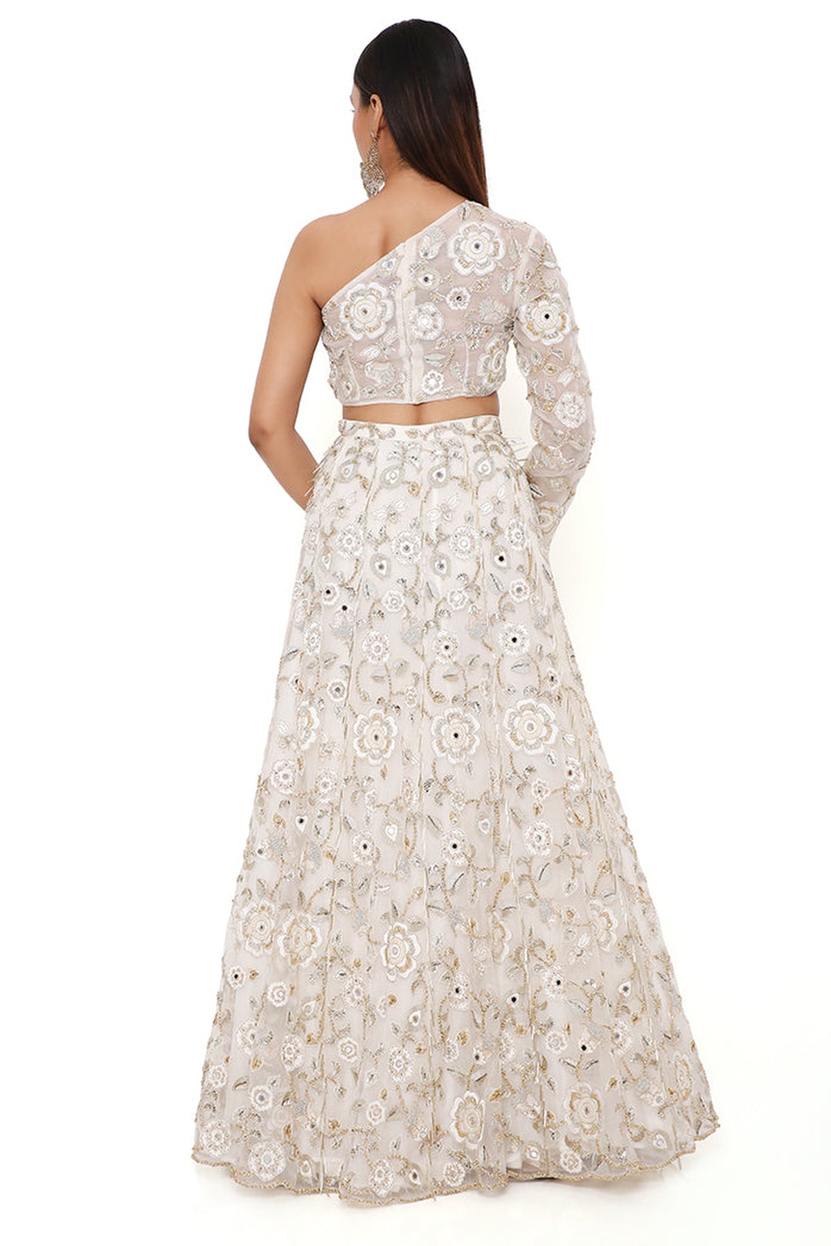ARIKA OFF WHITE ORGANZA EMBROIDERED ONE SHOULDER TOP AND LEHENGA