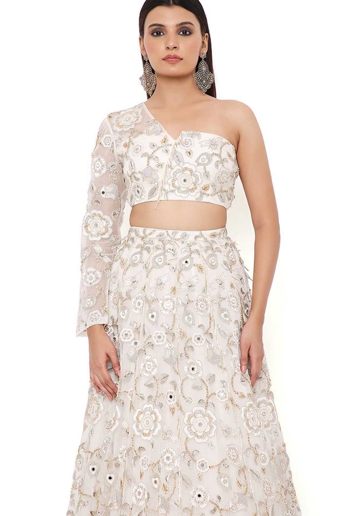 ARIKA OFF WHITE ORGANZA EMBROIDERED ONE SHOULDER TOP AND LEHENGA