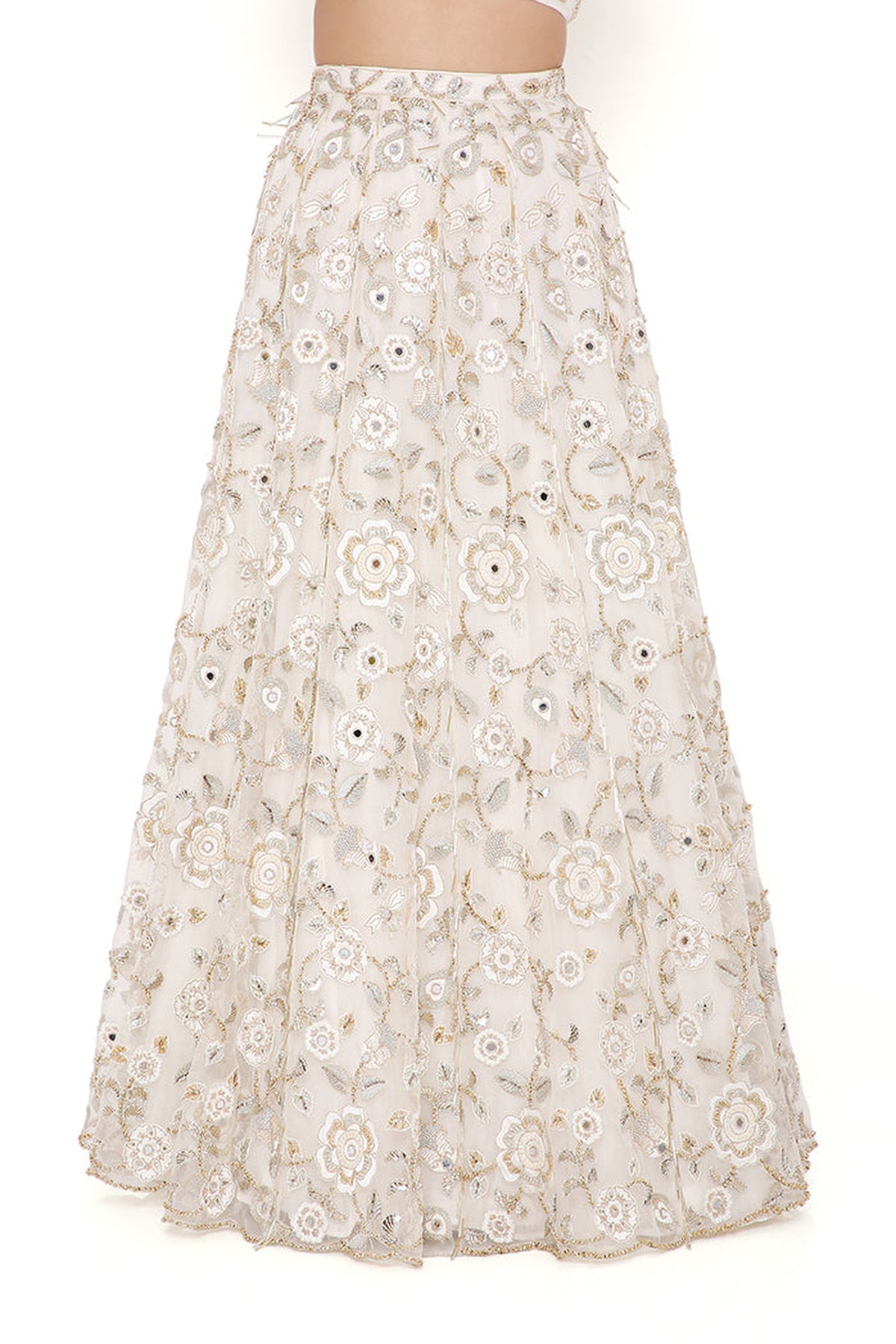 ARIKA OFF WHITE ORGANZA EMBROIDERED ONE SHOULDER TOP AND LEHENGA