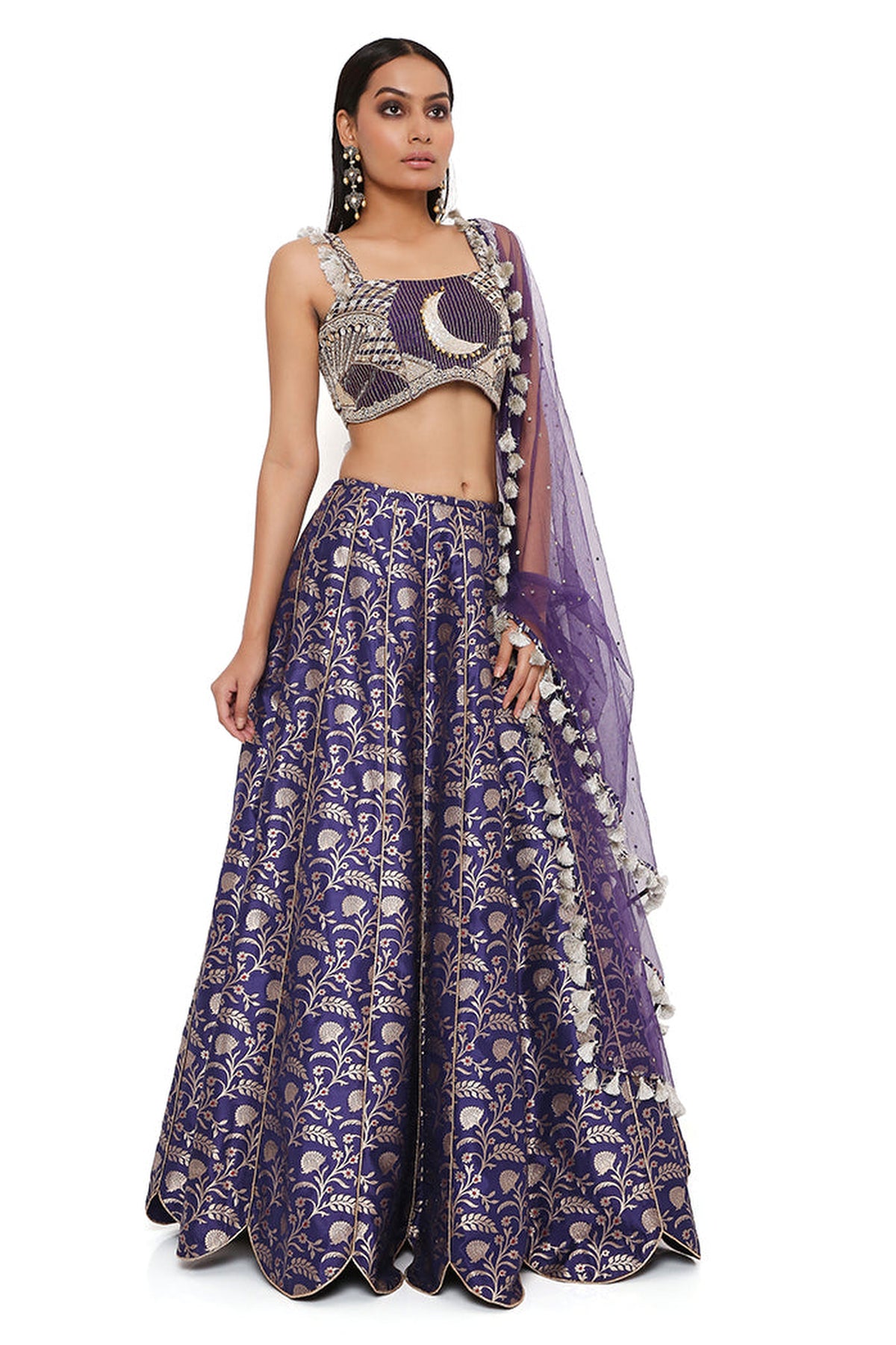 NINA NAVY DUPION SILK BROCADE EMBROIDERED BUSTIER WITH BROCADE LEHENGA AND MUKAISH NET DUPATTA