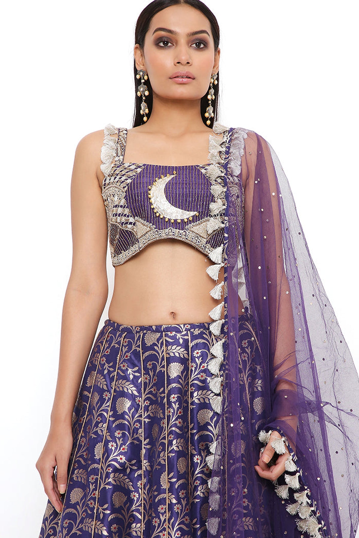 NINA NAVY DUPION SILK BROCADE EMBROIDERED BUSTIER WITH BROCADE LEHENGA AND MUKAISH NET DUPATTA