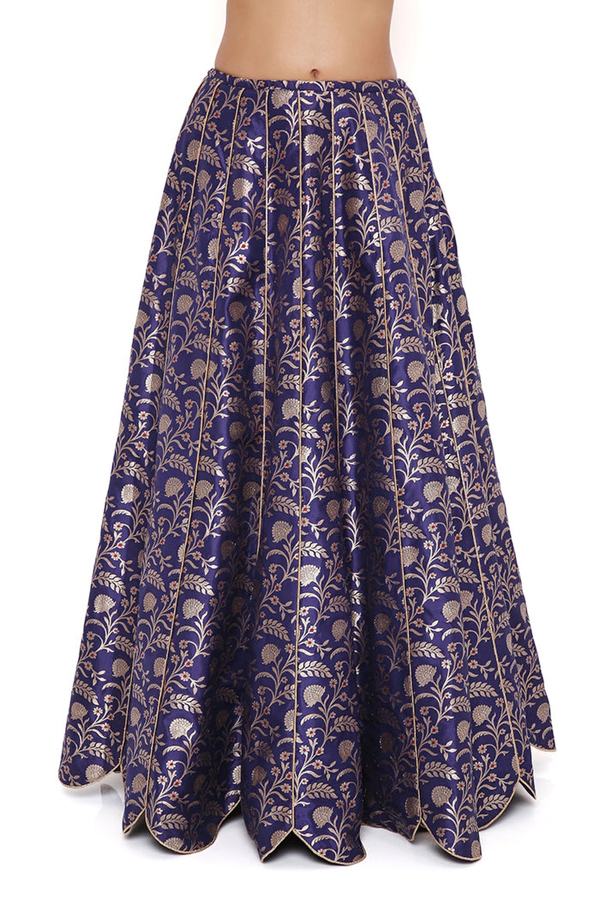 NINA NAVY DUPION SILK BROCADE EMBROIDERED BUSTIER WITH BROCADE LEHENGA AND MUKAISH NET DUPATTA