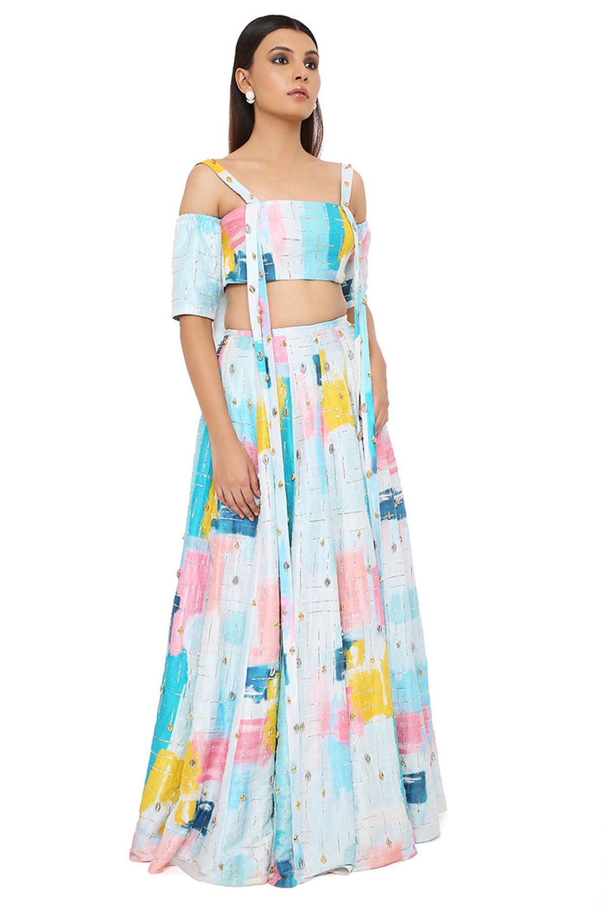 SANDRO PAINTERLY DUPION SILK PRINTED EMBROIDERED TOP WITH LEHENGA