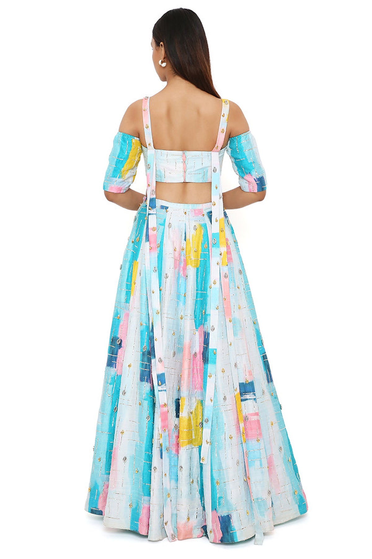SANDRO PAINTERLY DUPION SILK PRINTED EMBROIDERED TOP WITH LEHENGA