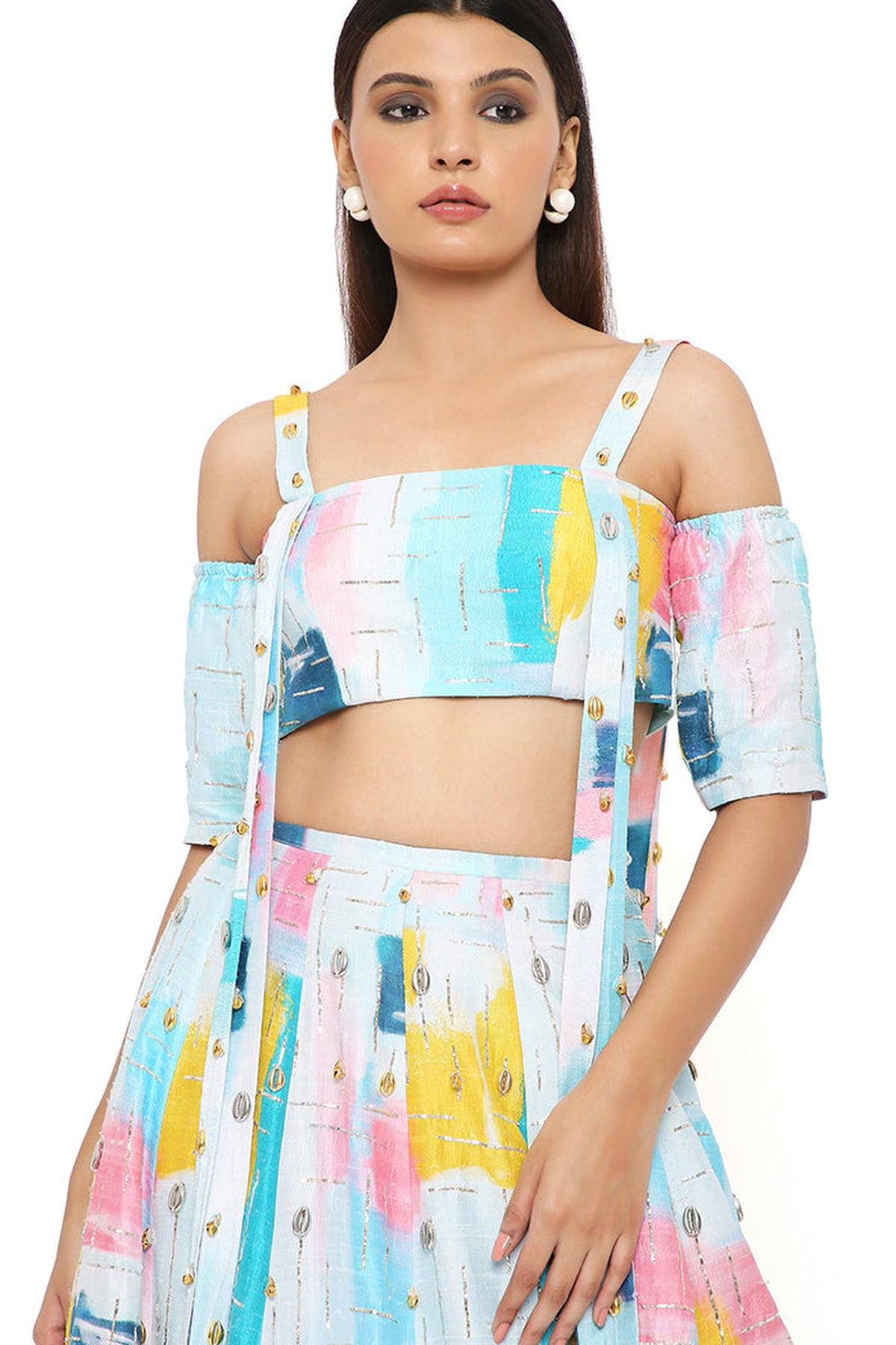 SANDRO PAINTERLY DUPION SILK PRINTED EMBROIDERED TOP WITH LEHENGA