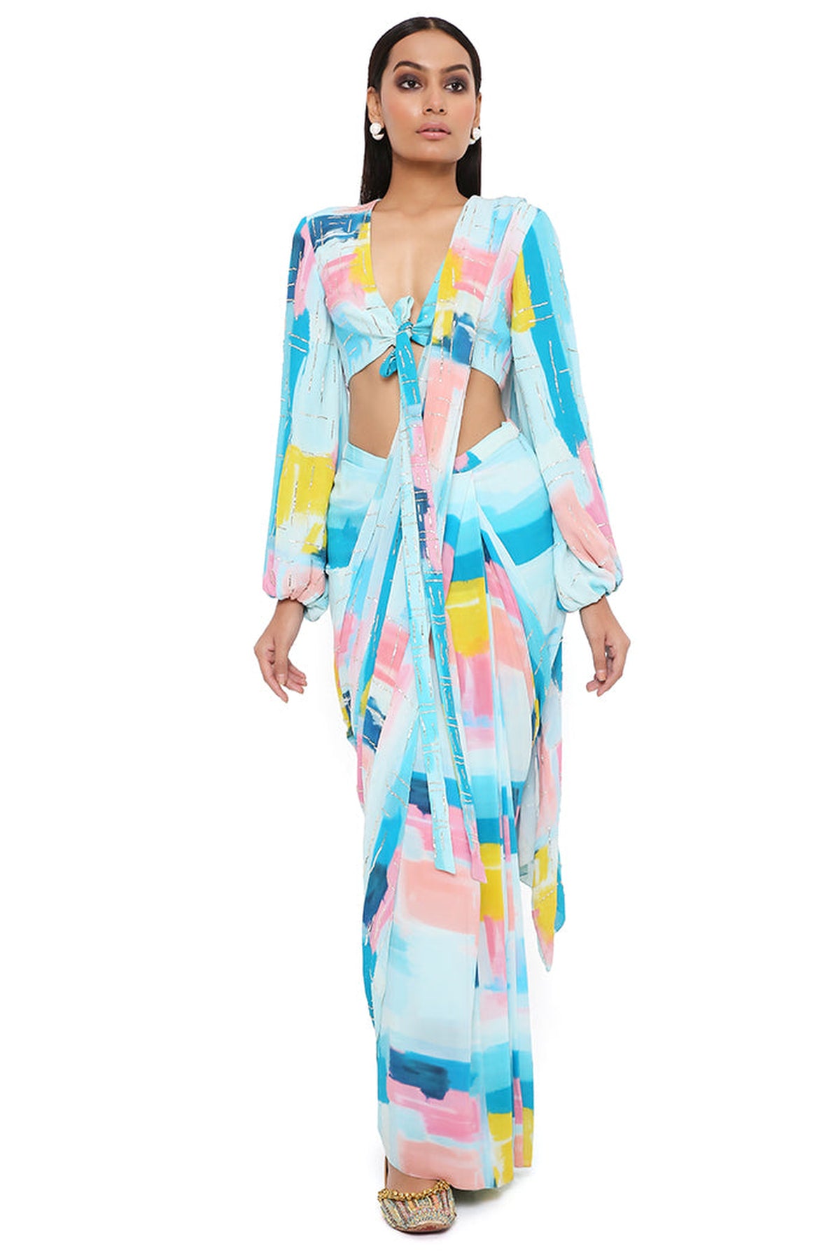 NAISHA BLUE PAINTERLY PRINT GEORGETTE EMBROIDERED FRONT TIE-UP CHOLI AND PRE-STITCHED SAREE WITH EMBROIDERED PALLU