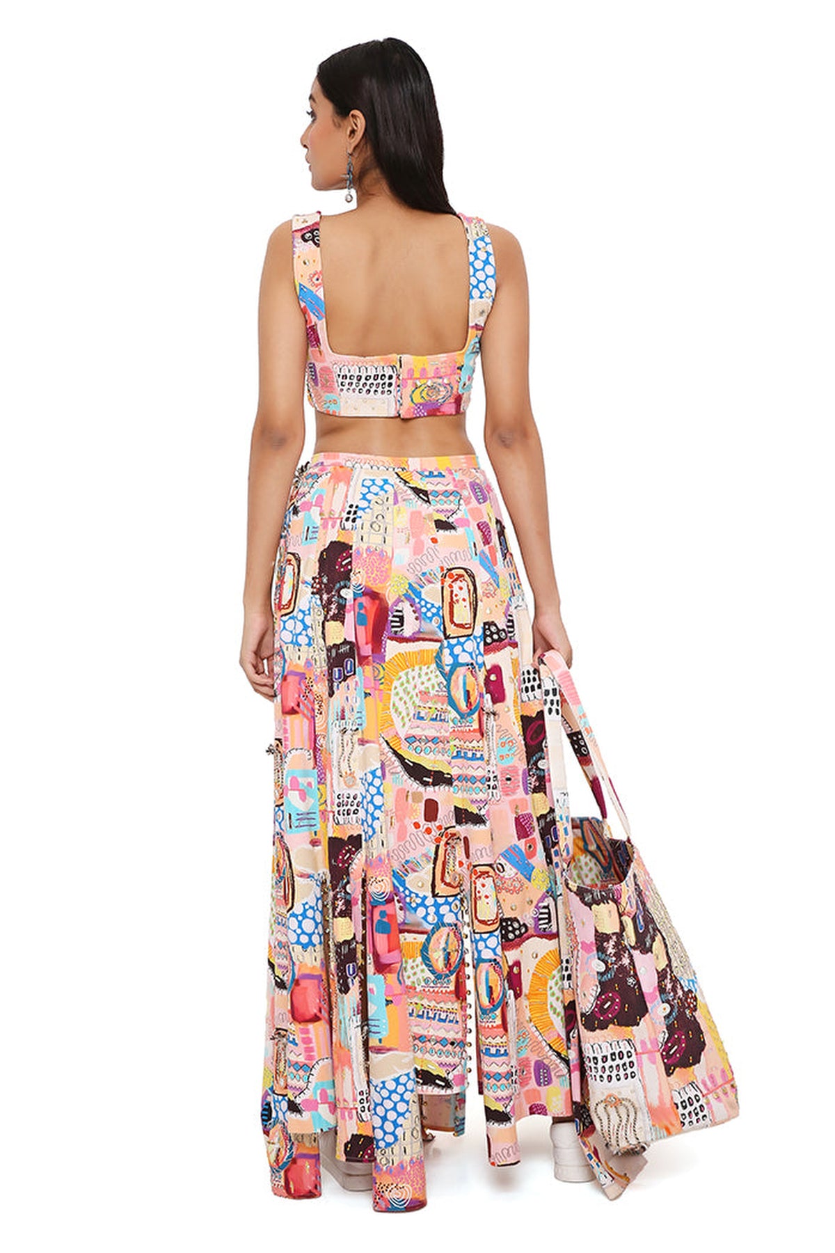 ALECIA TRANCE PRINT DENIM TOP WITH A HIGH LOW SKIRT