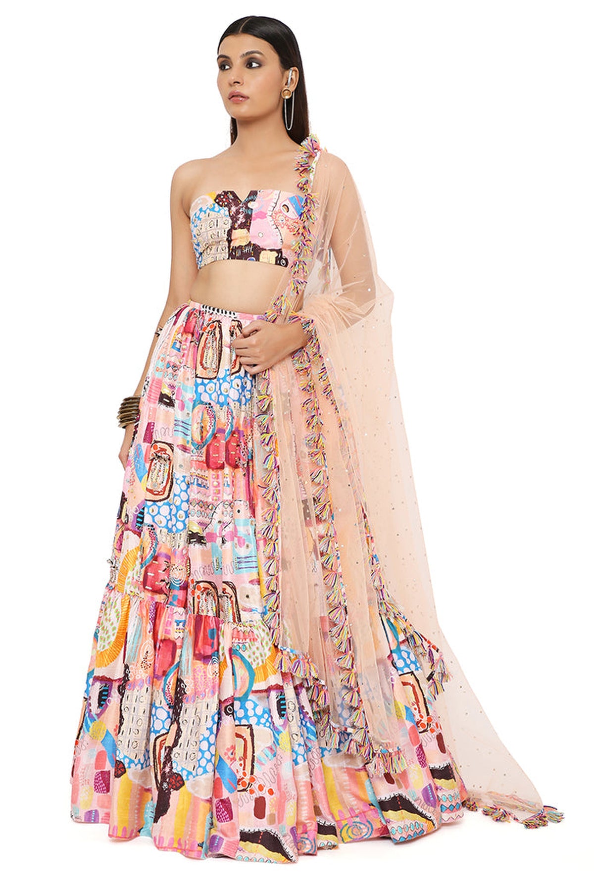 AMALIA TRANCE PRINT DUPION SILK EMBROIDERED BUSTIER WITH FRILL HEM LEHENGA AND MUKAISH NET DUPATTA